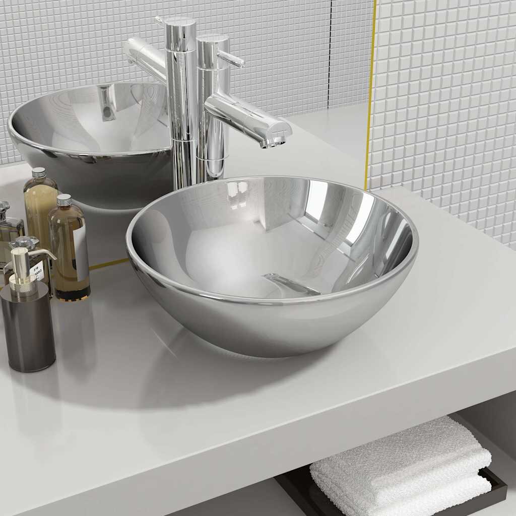 vidaXL Мивка 325 x14 см керамична сребриста