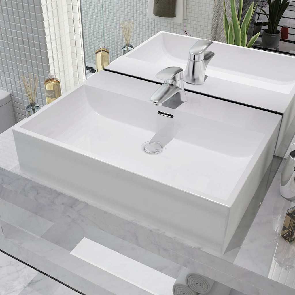 vidaXL Мивка с отвор за кранче керамична бяла 605x425x145 см