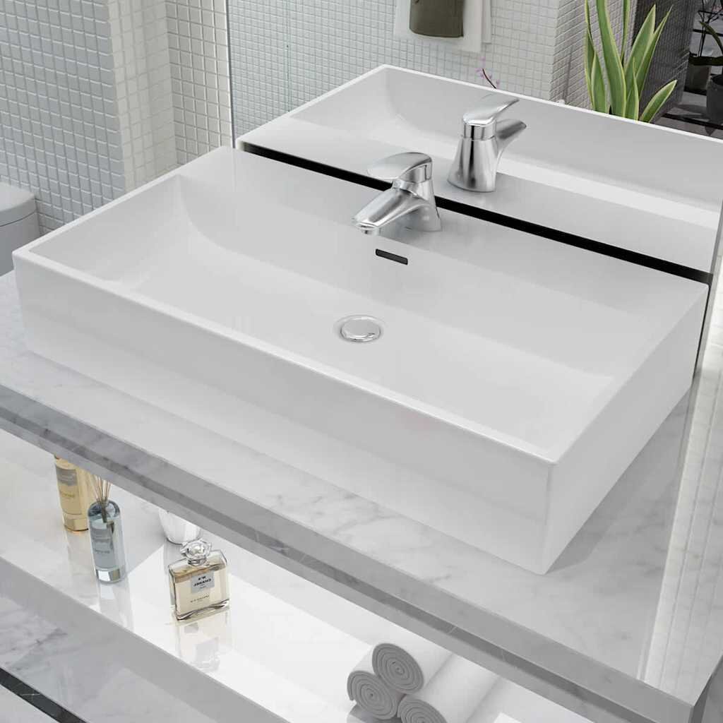 vidaXL Мивка с отвор за смесител керамична бяла 76x425x145 см