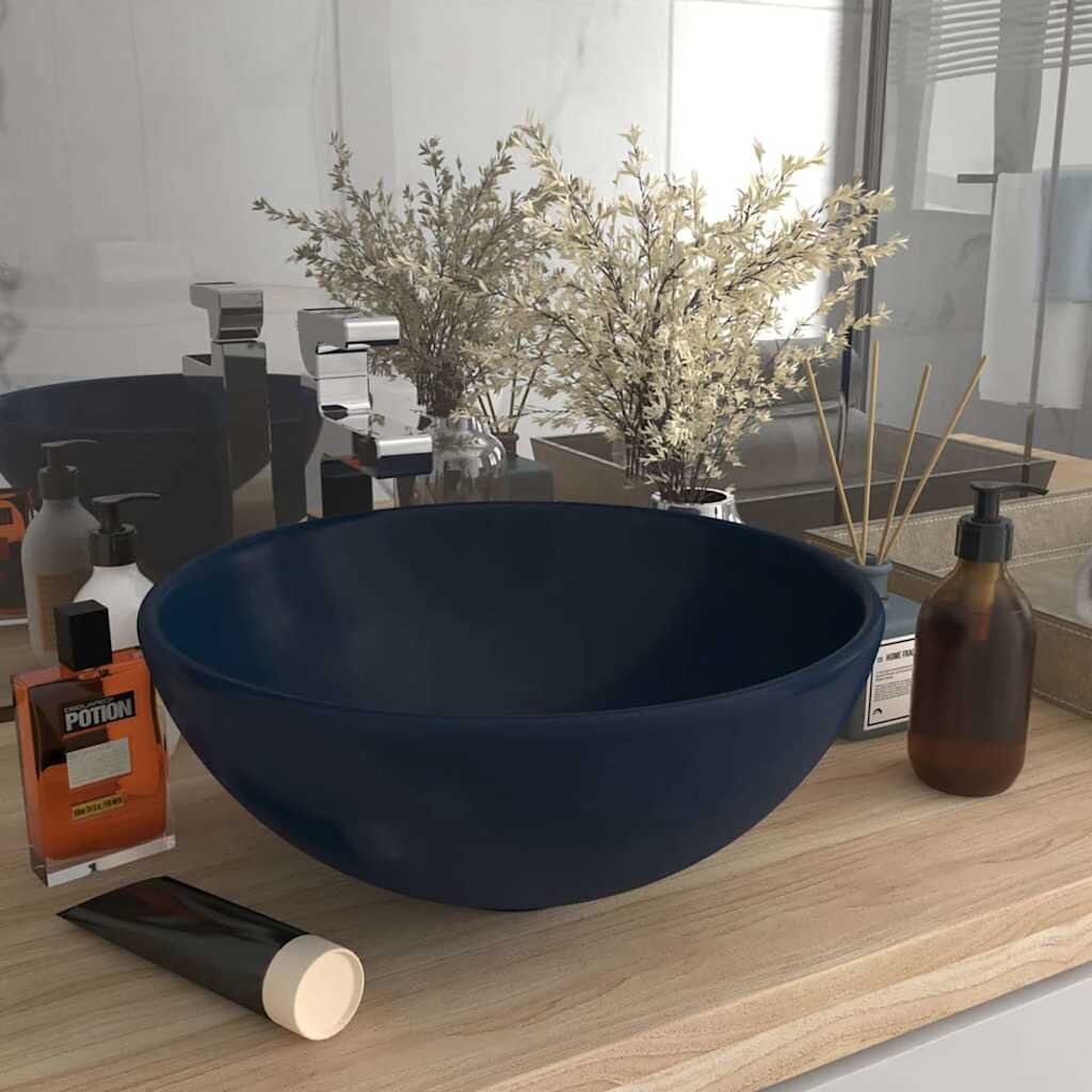 vidaXL Мивка за баня лукс кръгла тъмносин мат 325x14 см керамика