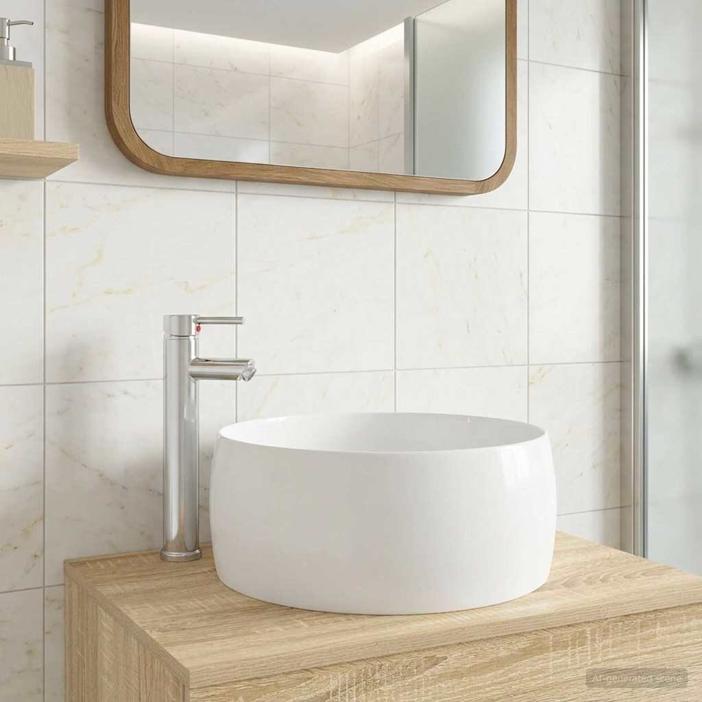 vidaXL Мивка за баня с кран и отвод Хром 385 x 385 x 16 см Керамика