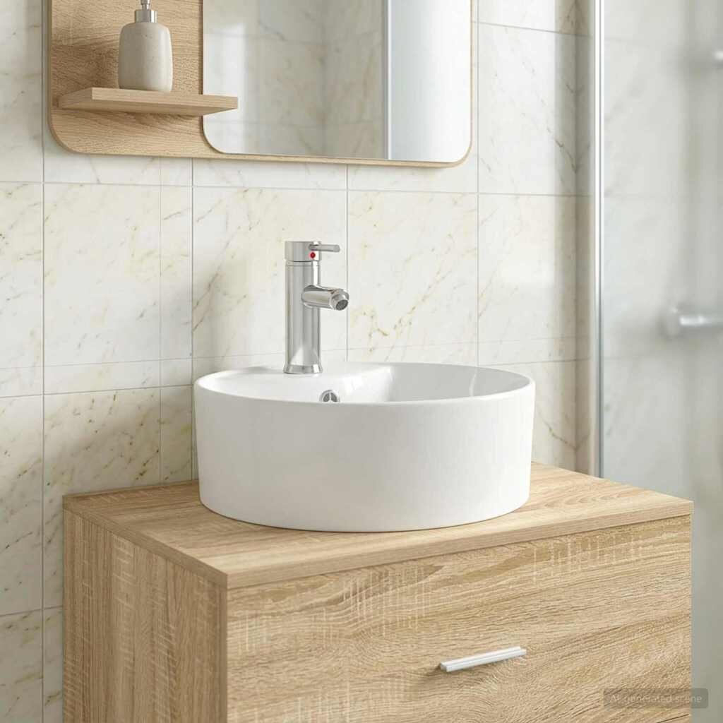 vidaXL Мивка за баня с кран и отвод Хром 405 x 405 x 15 см Керамика