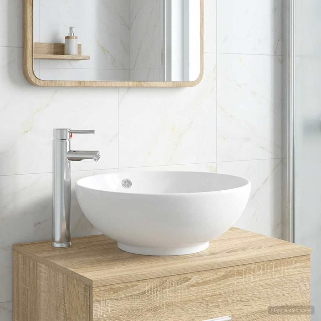 vidaXL Мивка за баня с кран и отвод Хром 44 x 44 x 16 см Керамика