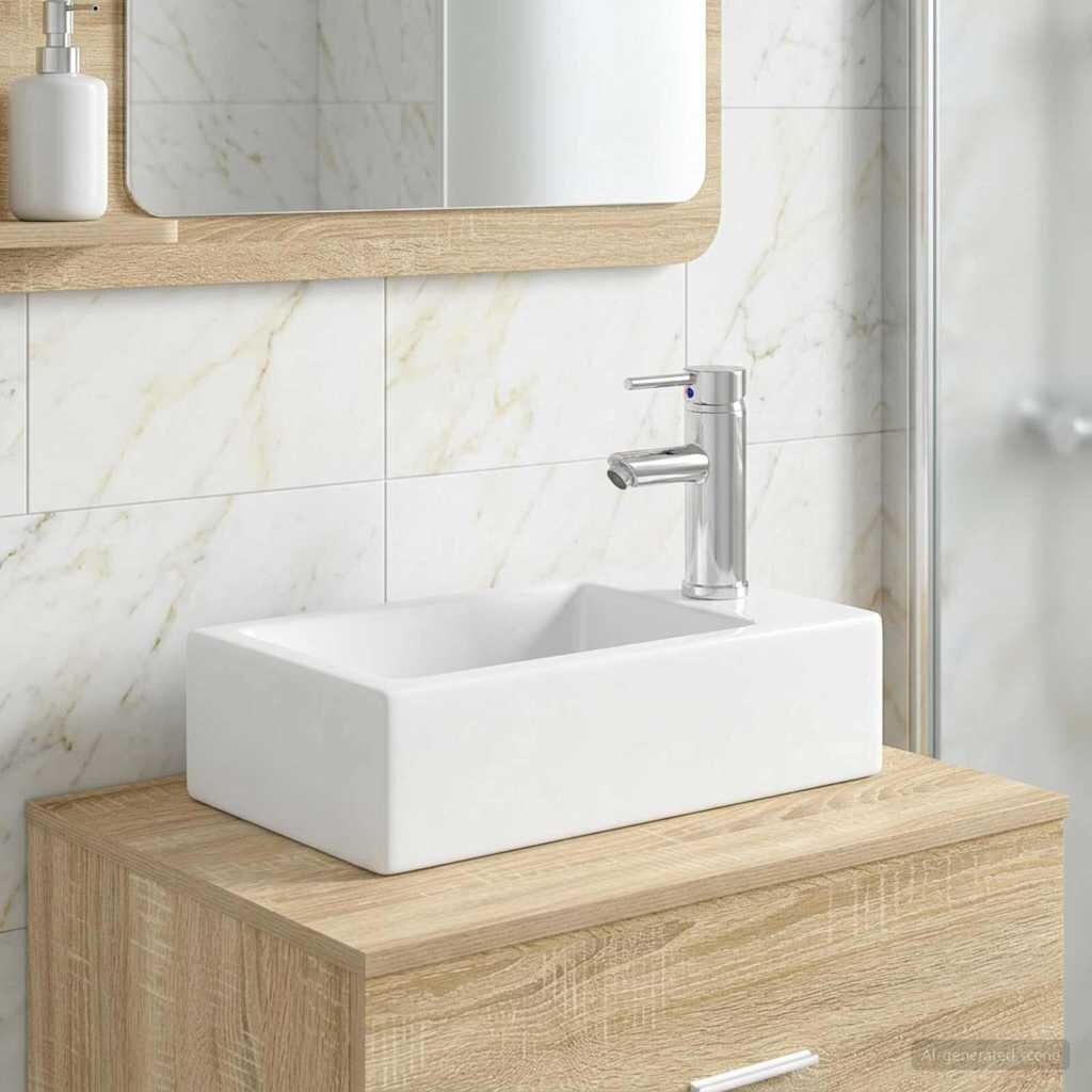 vidaXL Мивка за баня с кран и отвод Хром 455 x 255 x 13 см Керамика