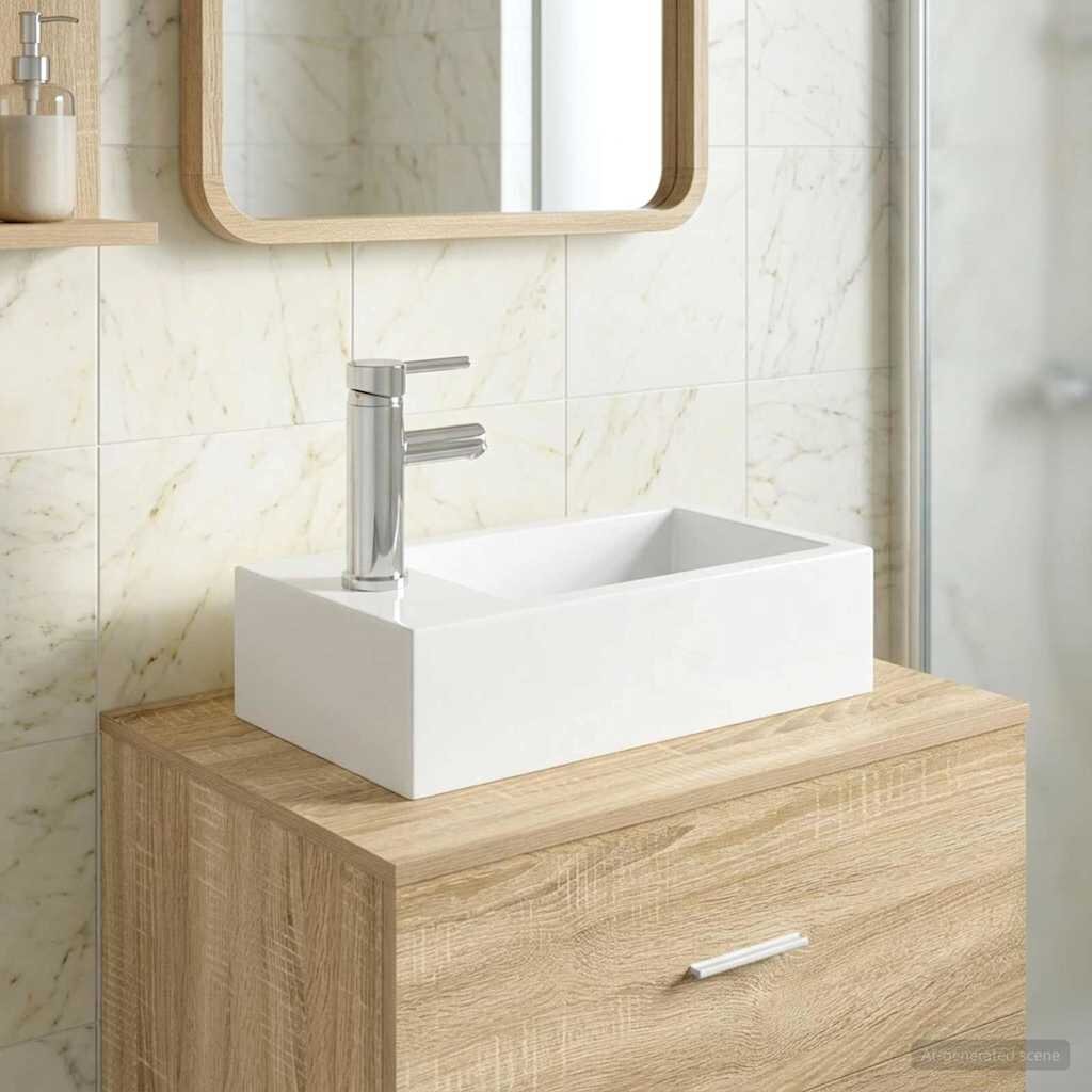 vidaXL Мивка за баня с кран и отвод Хром 455 x 255 x 13 см Керамика