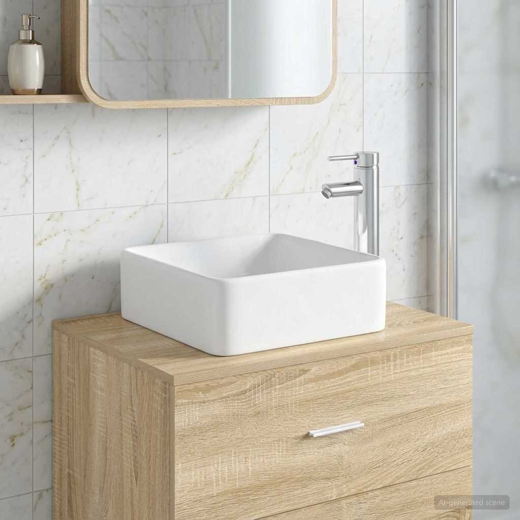 vidaXL Мивка за баня с кран и отвод Хром 49 x 37 x 14 см Керамика