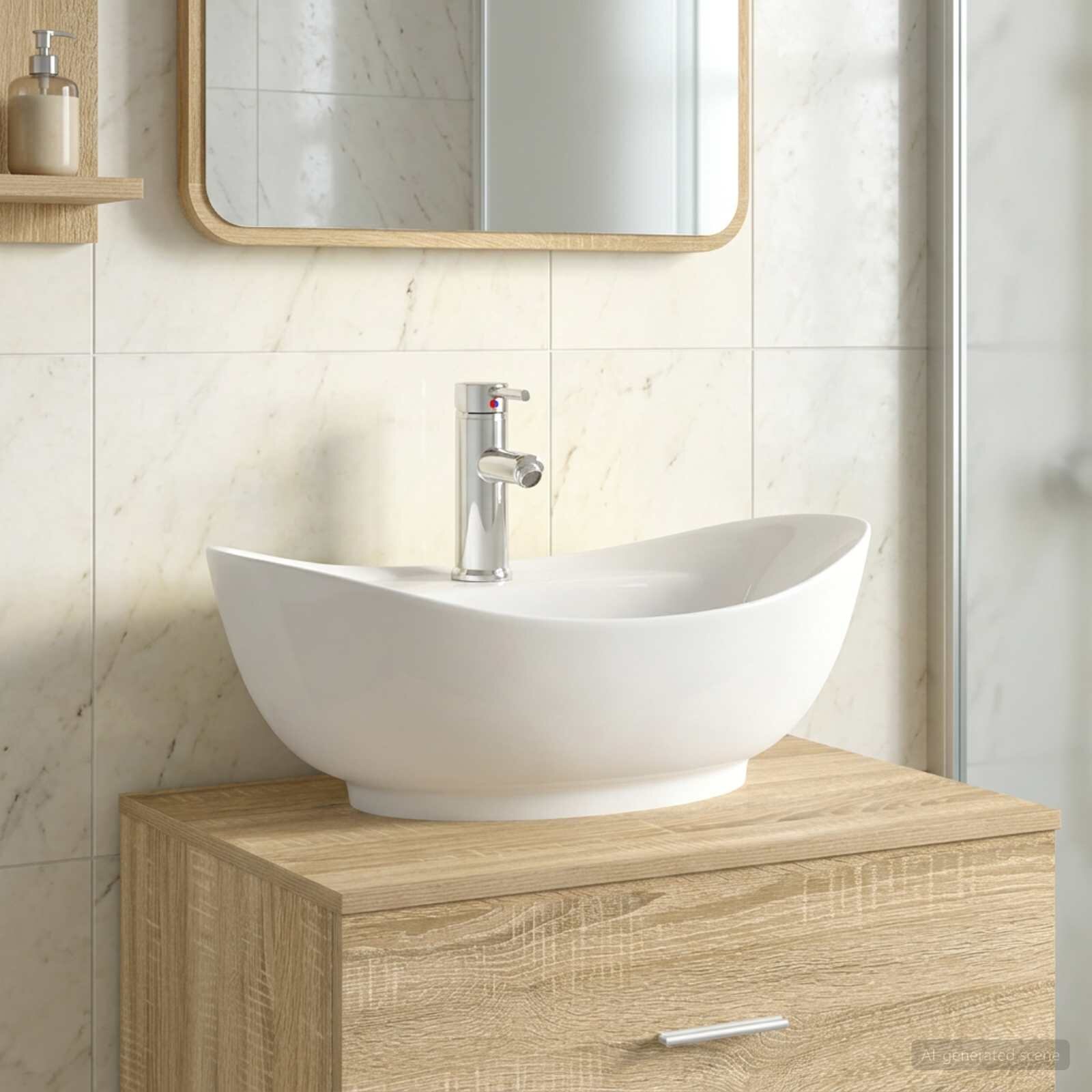 vidaXL Мивка за баня с кран и отвод Хром 59 x 35 x 21 см Керамика