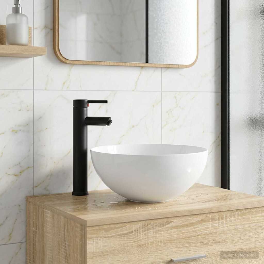 vidaXL Мивка за баня с кран и отвод Матово черно 355 x 355 x 145 см