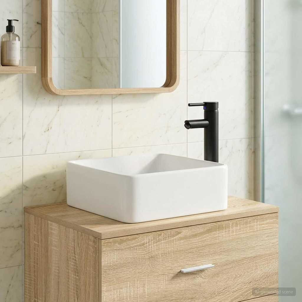 vidaXL Мивка за баня с кран и отвод Матово черно 365 x 365 x 13 см