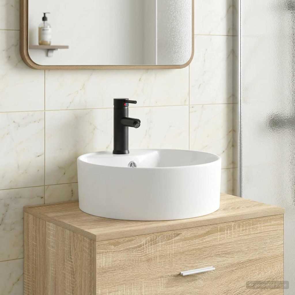 vidaXL Мивка за баня с кран и отвод Матово черно 405 x 405 x 15 см