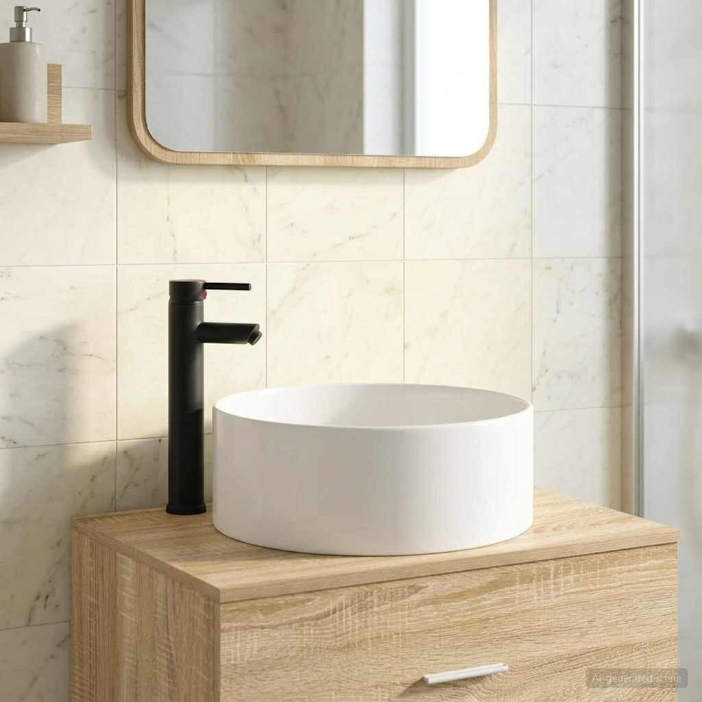 vidaXL Мивка за баня с кран и отвод Матово черно 405 x 405 x 155 см