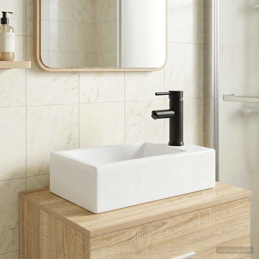 vidaXL Мивка за баня с кран и отвод Матово черно 455 x 255 x 13 см