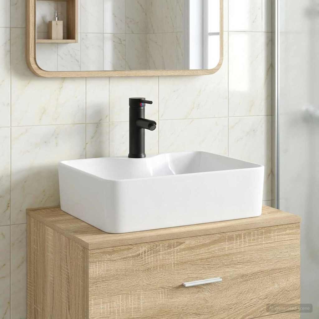 vidaXL Мивка за баня с кран и отвод Матово черно 485 x 375 x 13 см