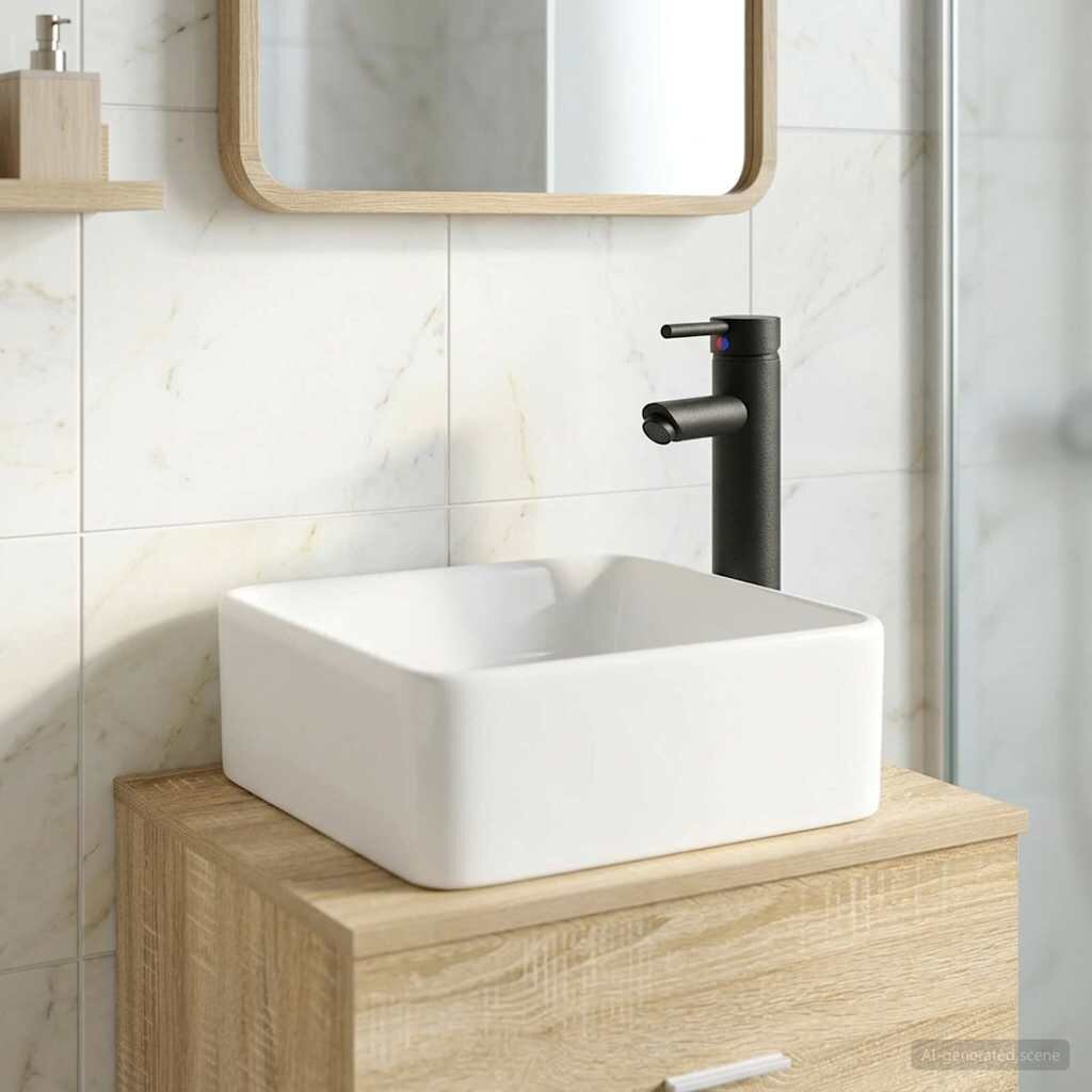 vidaXL Мивка за баня с кран и отвод Матово черно 49 x 37 x 14 см