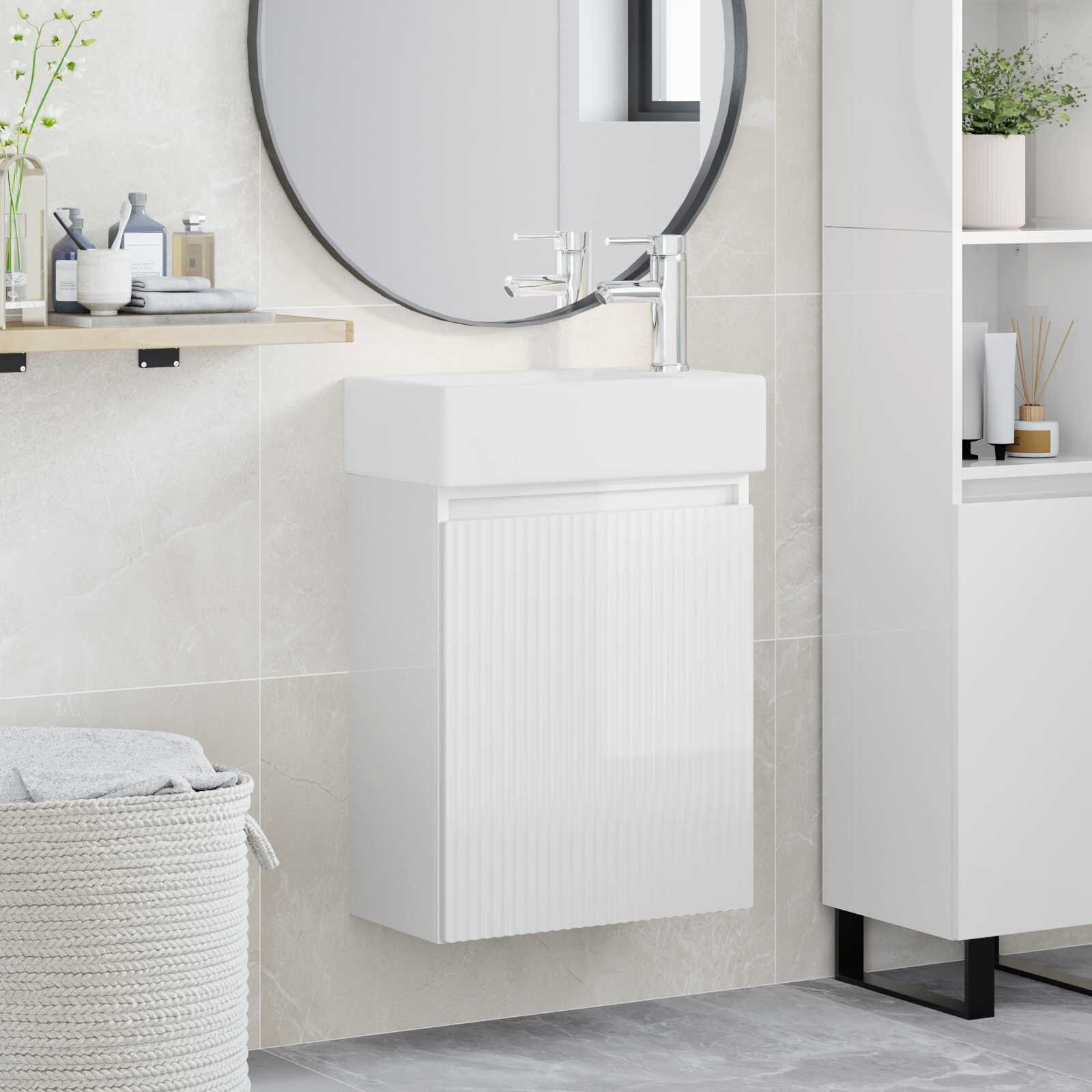 vidaXL Мивка за баня със смесител Бял гланц 455 x 225 x 84 см