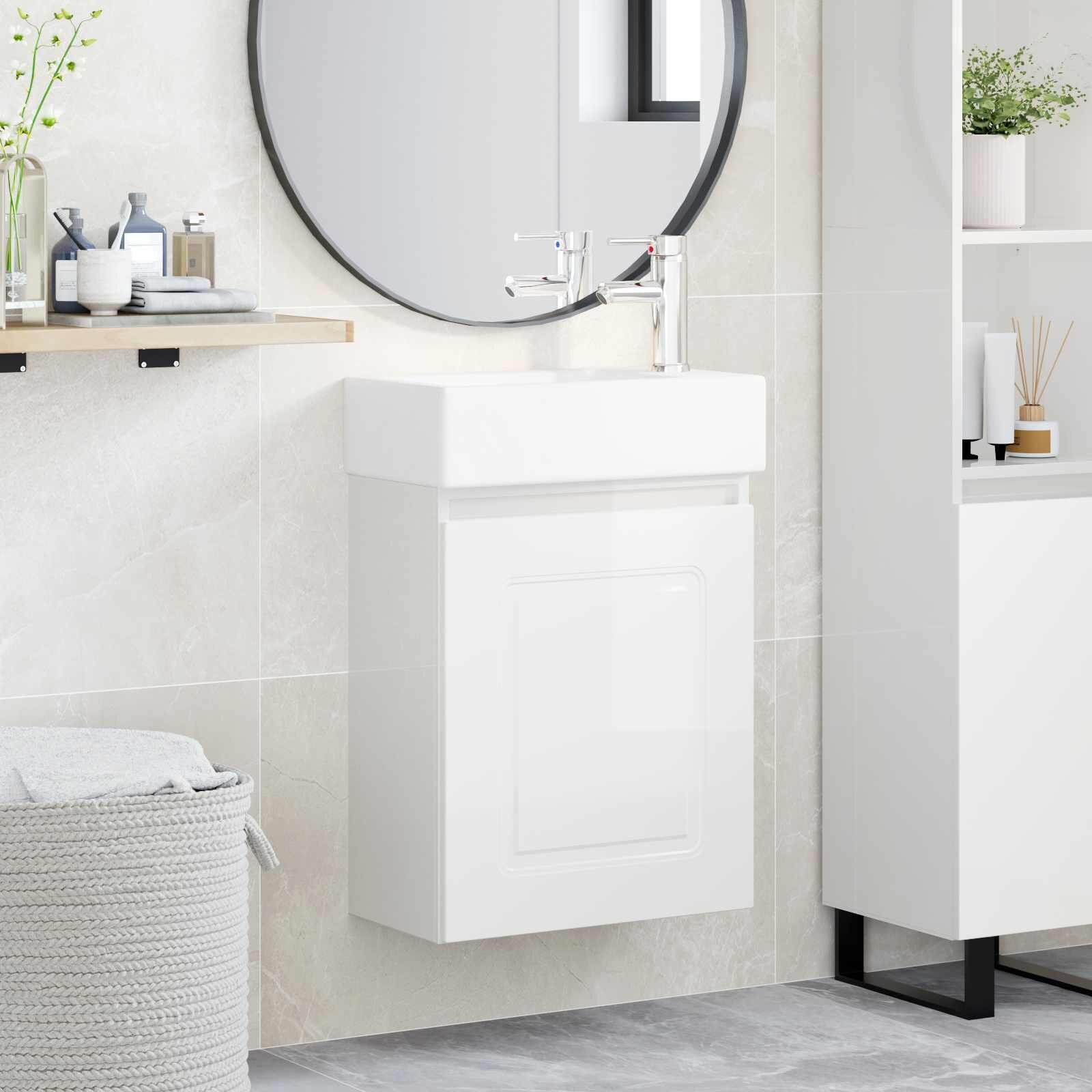 vidaXL Мивка за баня със смесител Бял гланц 455 x 225 x 84 см