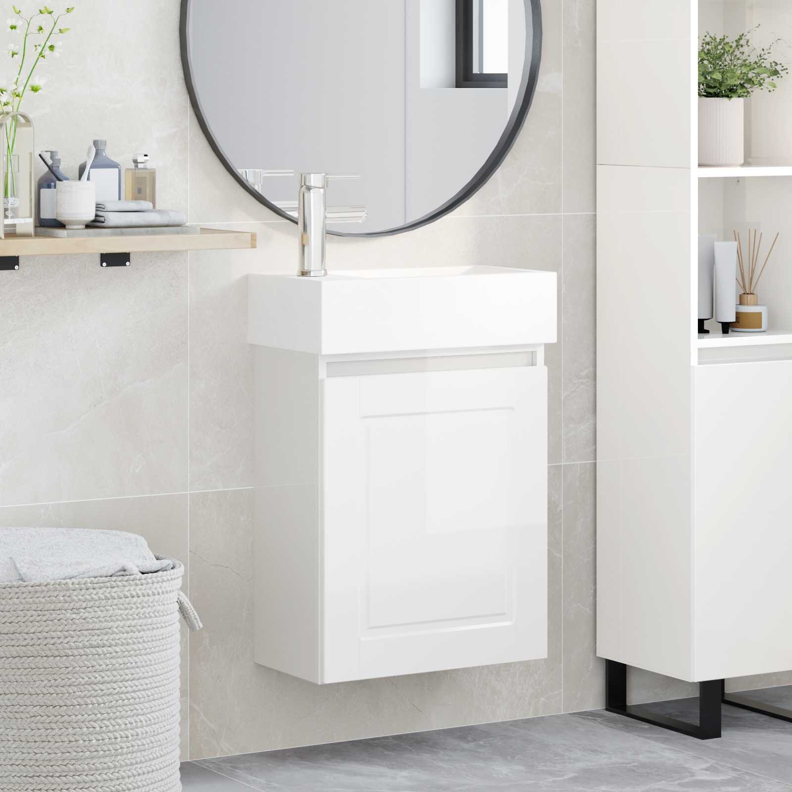 vidaXL Мивка за баня със смесител Бял гланц 455 x 225 x 84 см