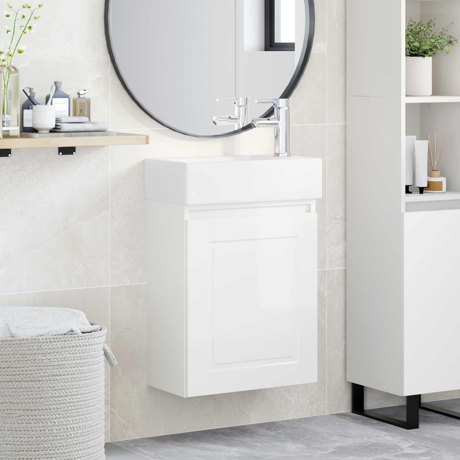 vidaXL Мивка за баня със смесител Бял гланц 455 x 225 x 84 см