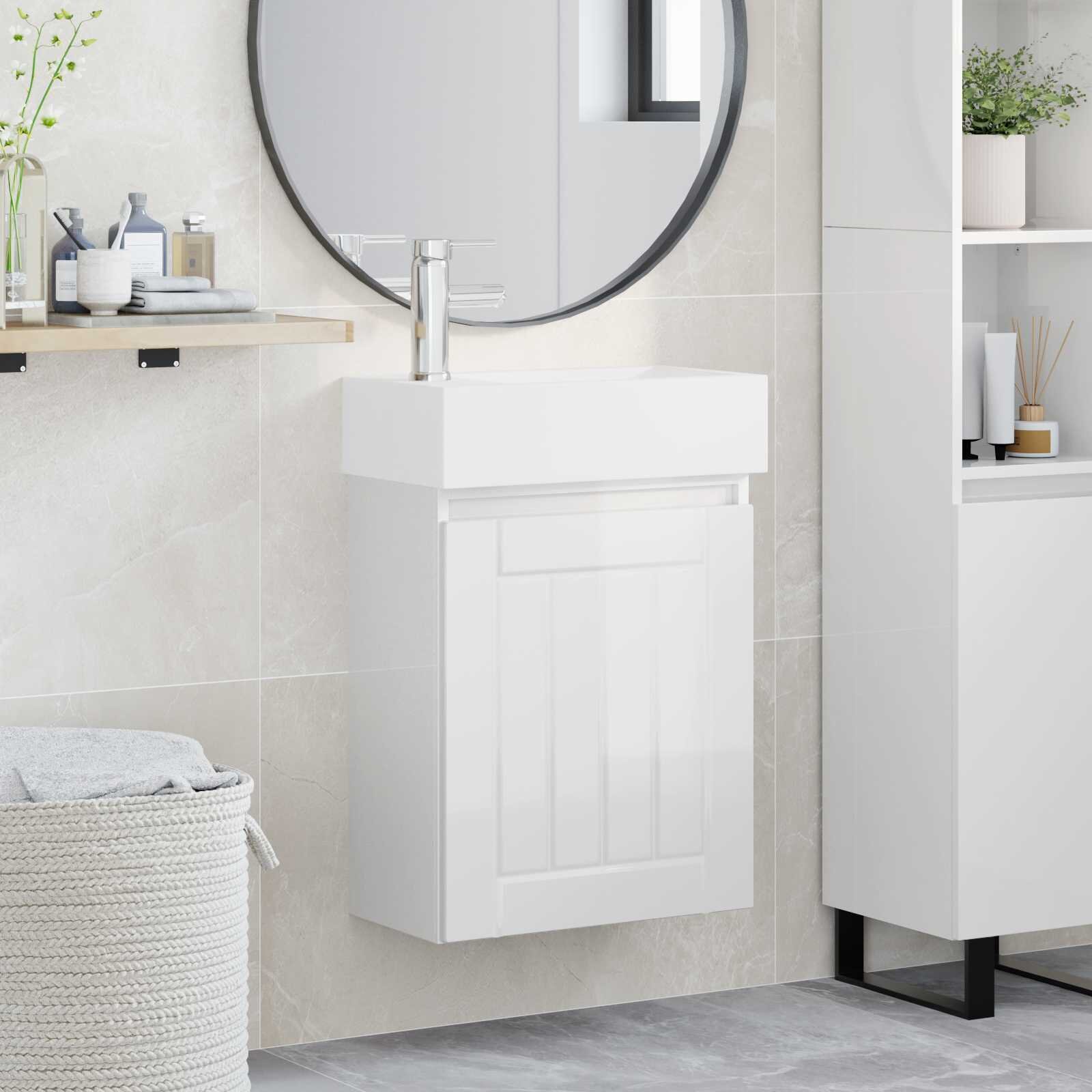 vidaXL Мивка за баня със смесител Бял гланц 455 x 255 x 84 см