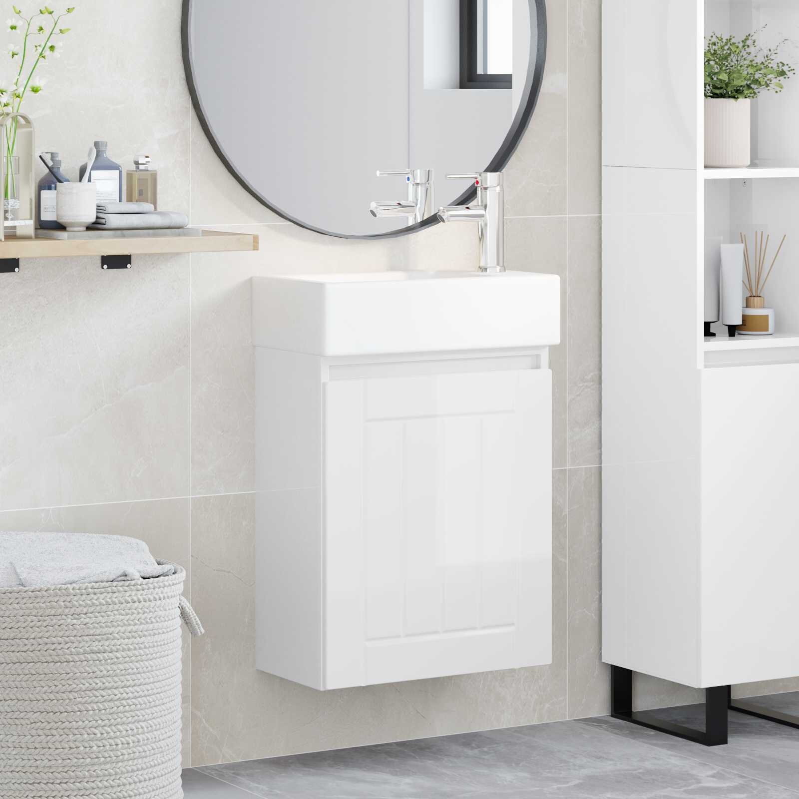 vidaXL Мивка за баня със смесител Бял гланц 455 x 255 x 84 см