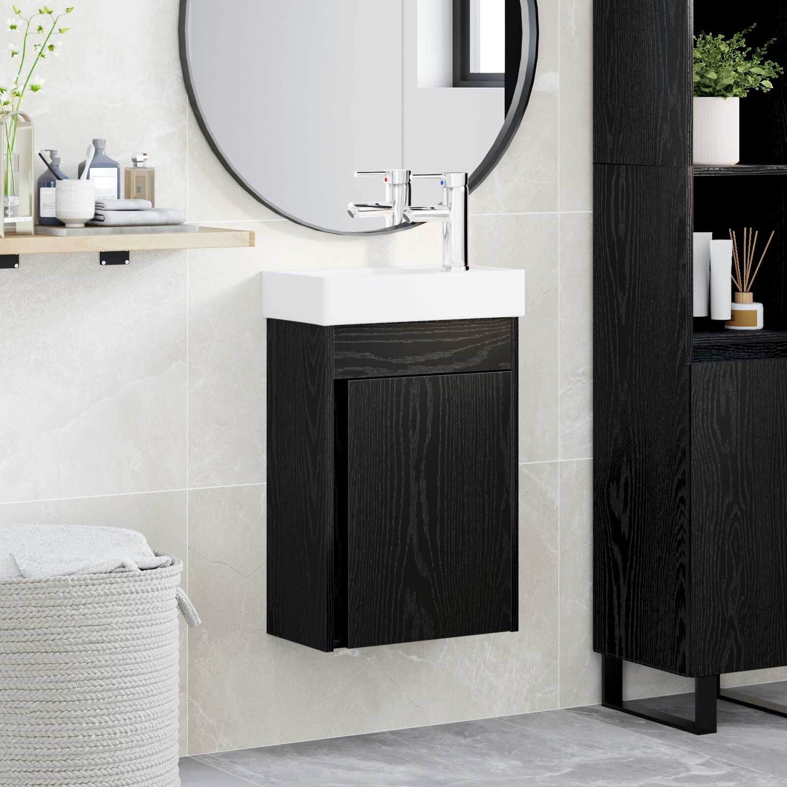 vidaXL Мивка за баня със смесител Черен дъб 405 x 225 x 62 см
