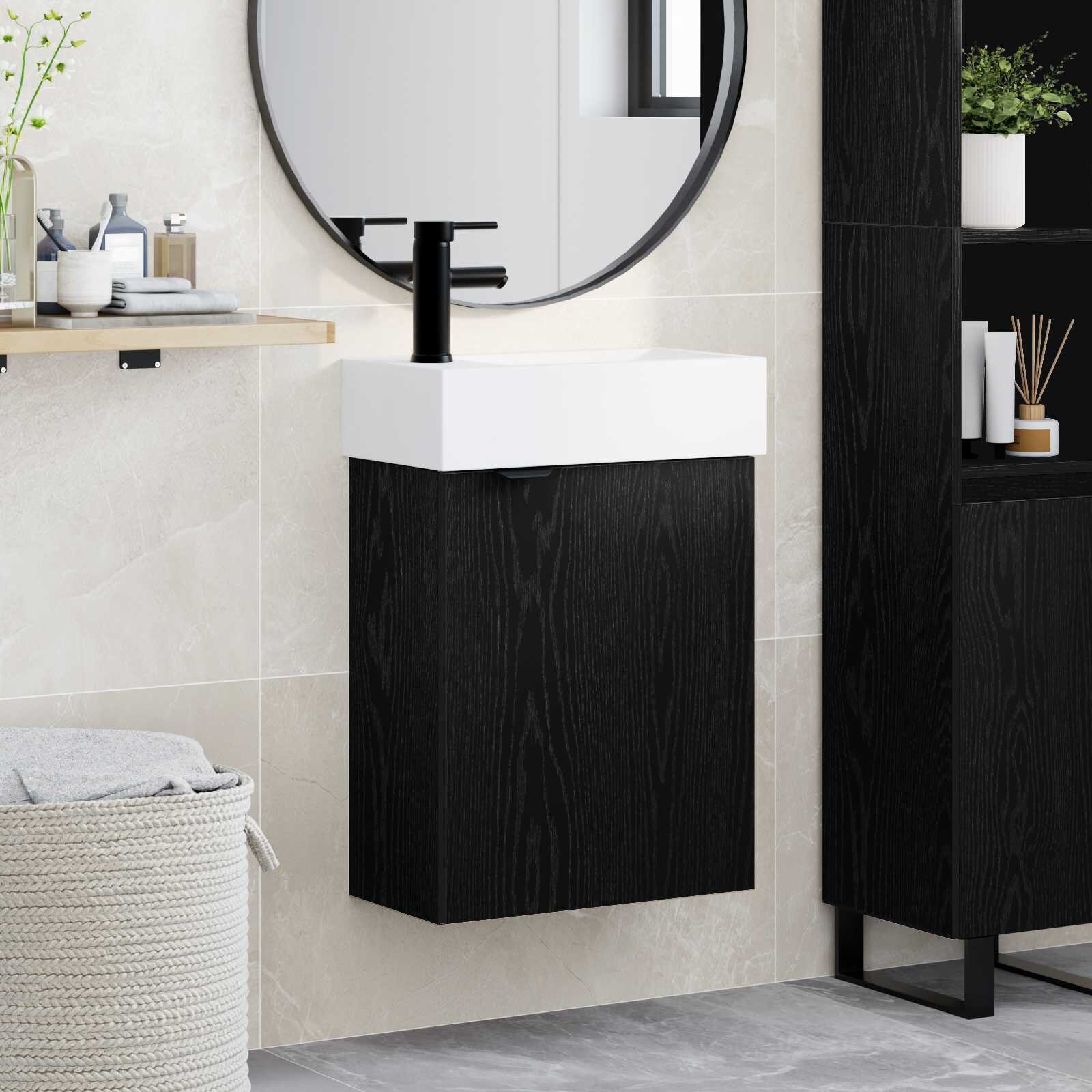 vidaXL Мивка за баня със смесител Черен дъб 455 x 225 x 84 см