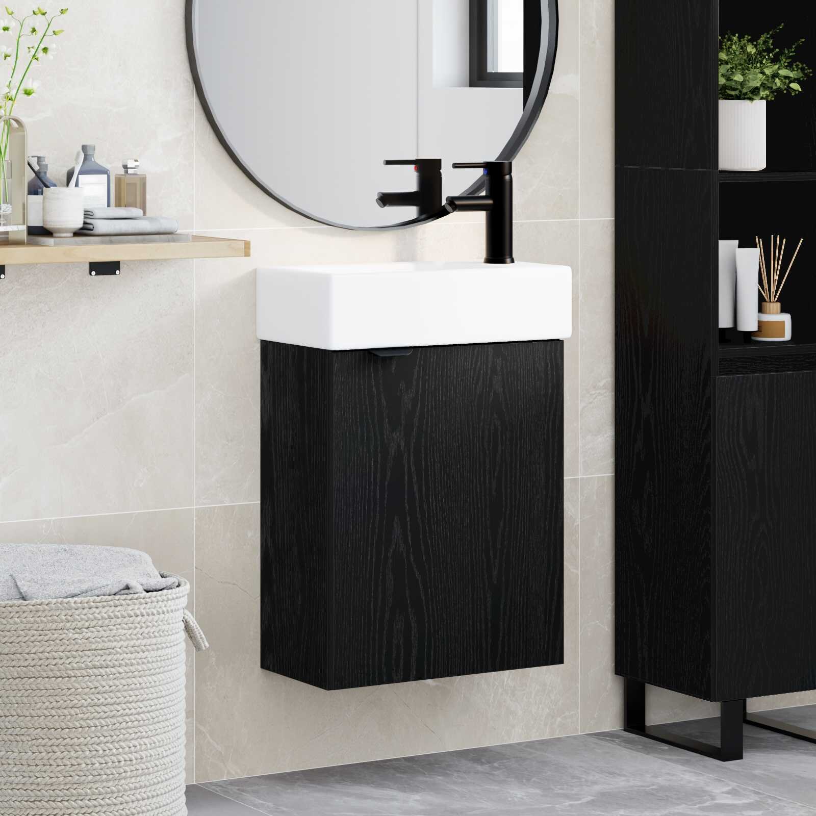 vidaXL Мивка за баня със смесител Черен дъб 455 x 225 x 84 см