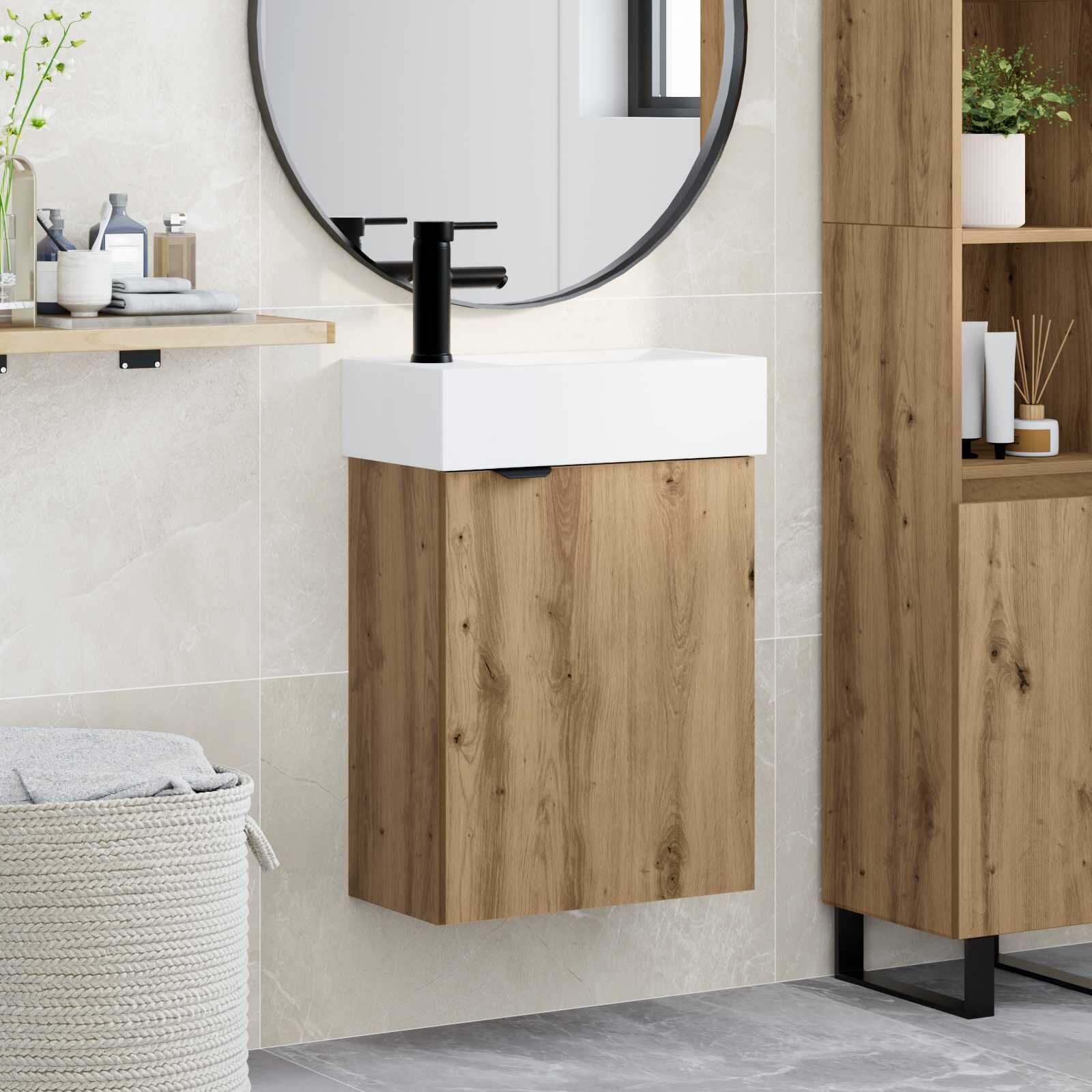 vidaXL Мивка за баня със смесител Дъб артизан 455 x 225 x 84 см