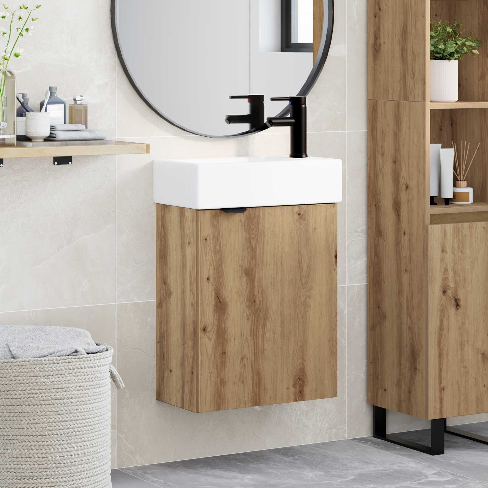 vidaXL Мивка за баня със смесител Дъб артизан 455 x 225 x 84 см