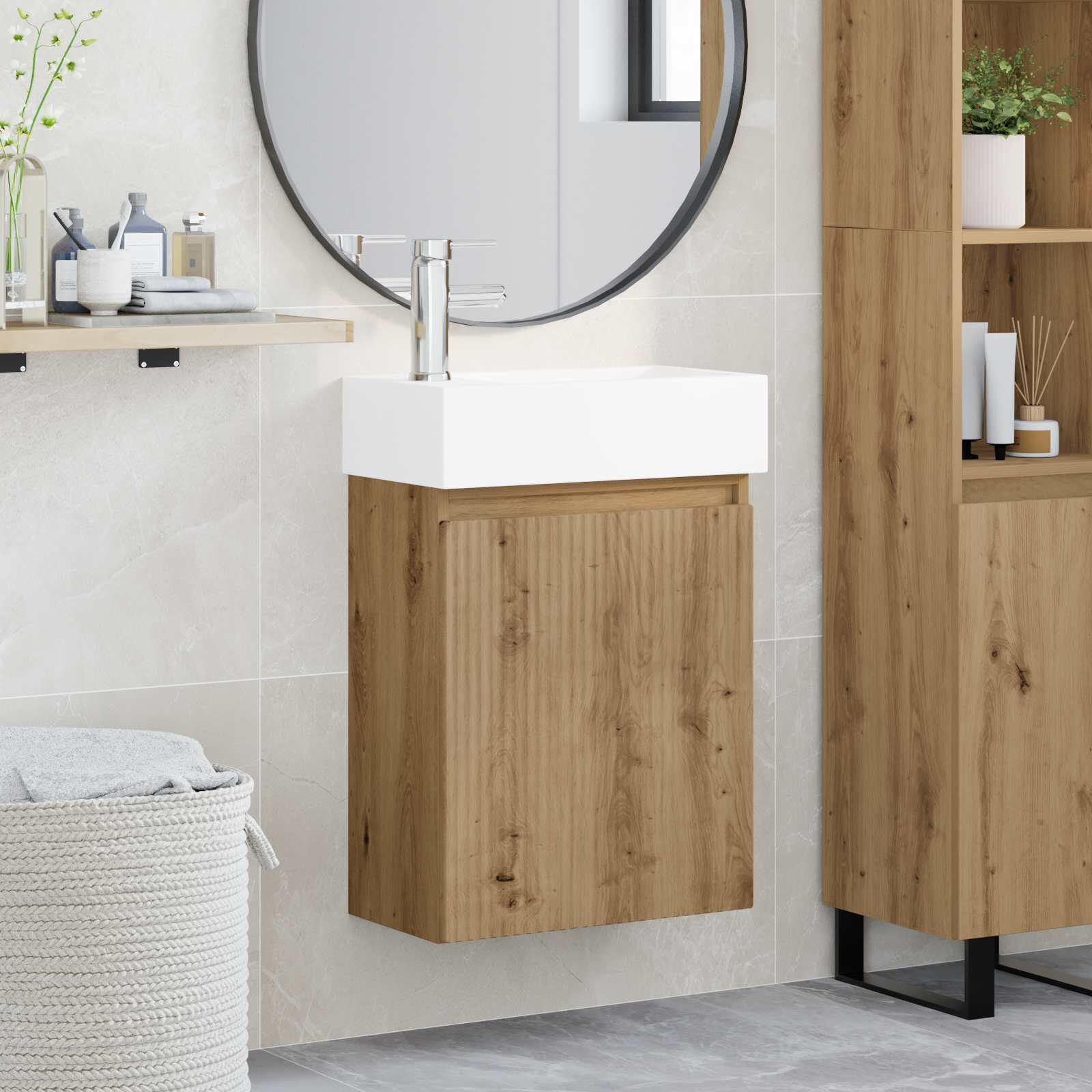 vidaXL Мивка за баня със смесител Дъб артизан 455 x 225 x 84 см
