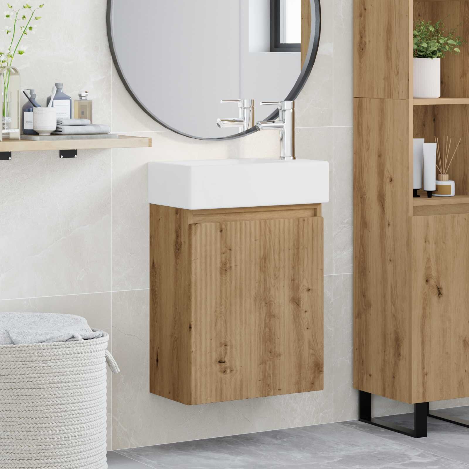 vidaXL Мивка за баня със смесител Дъб артизан 455 x 225 x 84 см