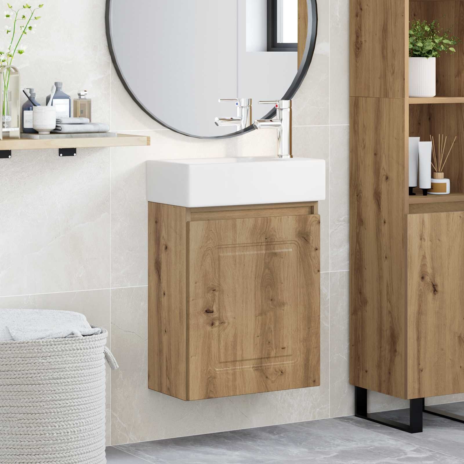 vidaXL Мивка за баня със смесител Дъб артизан 455 x 225 x 84 см