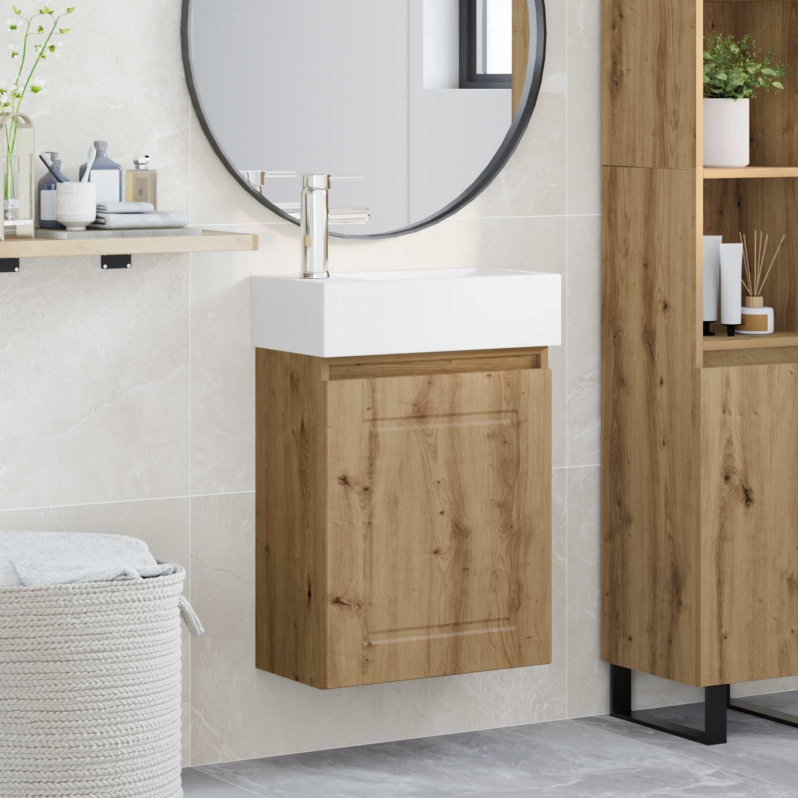 vidaXL Мивка за баня със смесител Дъб артизан 455 x 225 x 84 см