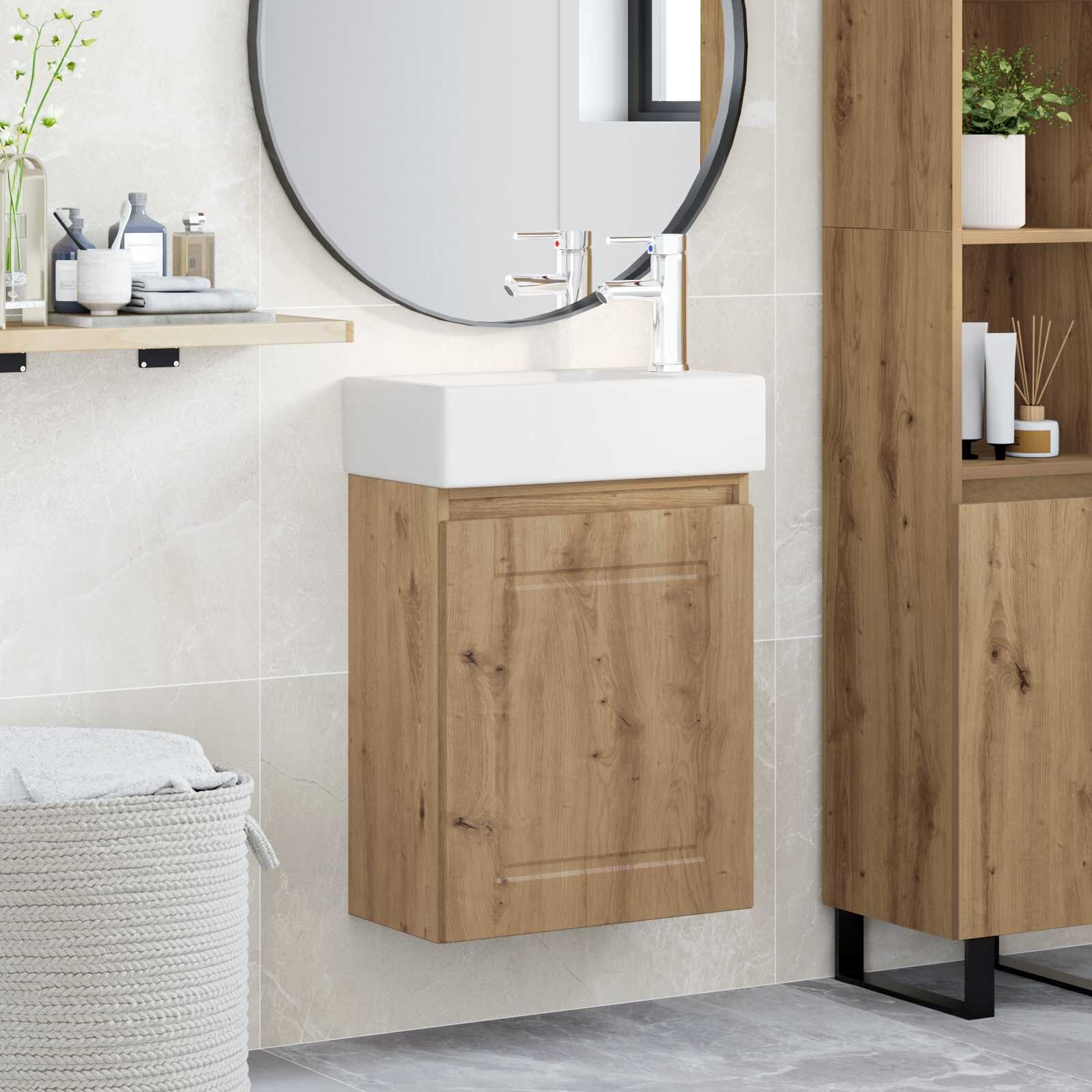 vidaXL Мивка за баня със смесител Дъб артизан 455 x 225 x 84 см