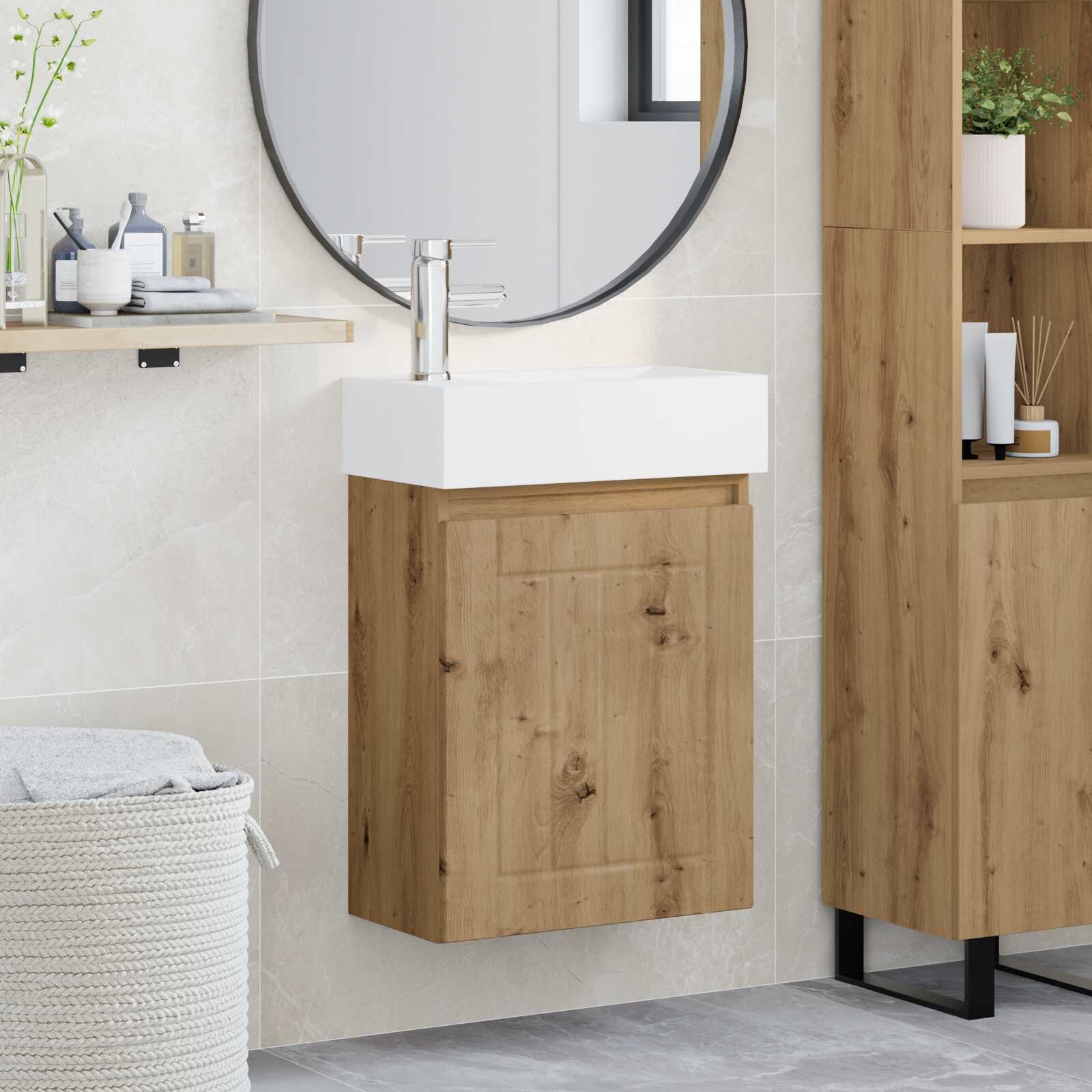 vidaXL Мивка за баня със смесител Дъб артизан 455 x 255 x 84 см