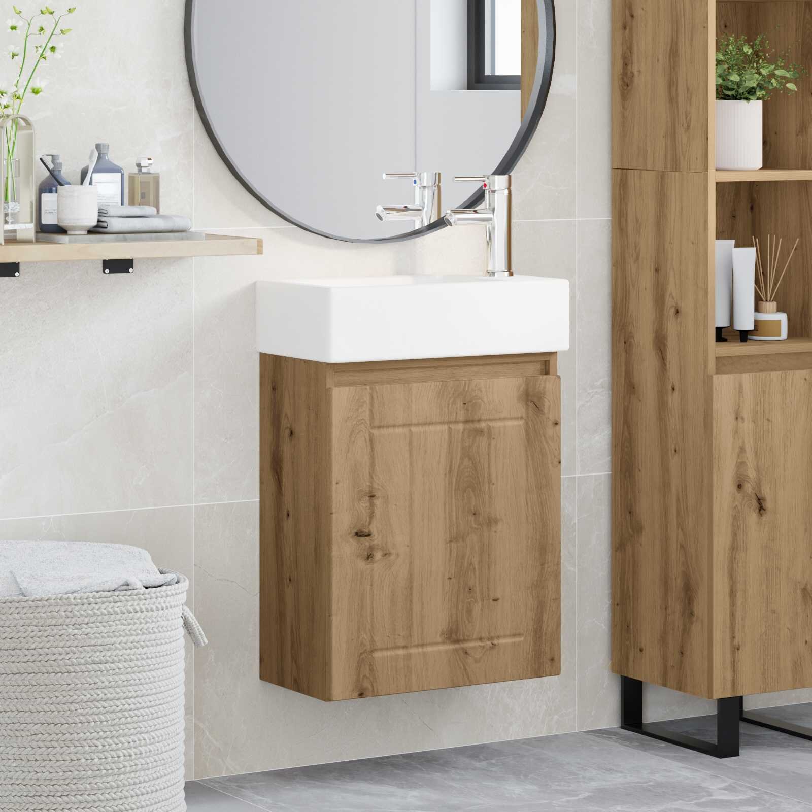 vidaXL Мивка за баня със смесител Дъб артизан 455 x 255 x 84 см