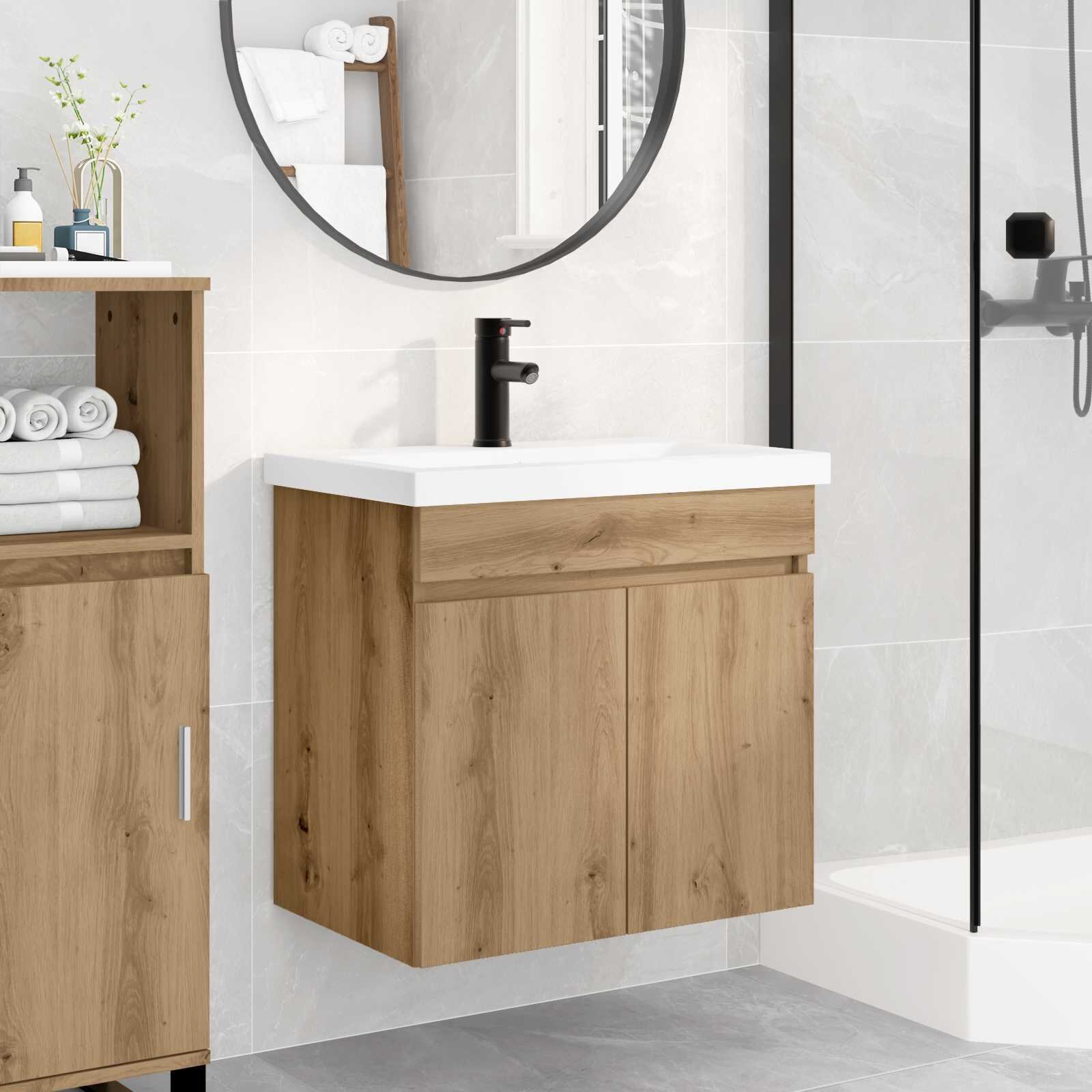 vidaXL Мивка за баня със смесител Дъб артизан 61 x 40 x 745 см
