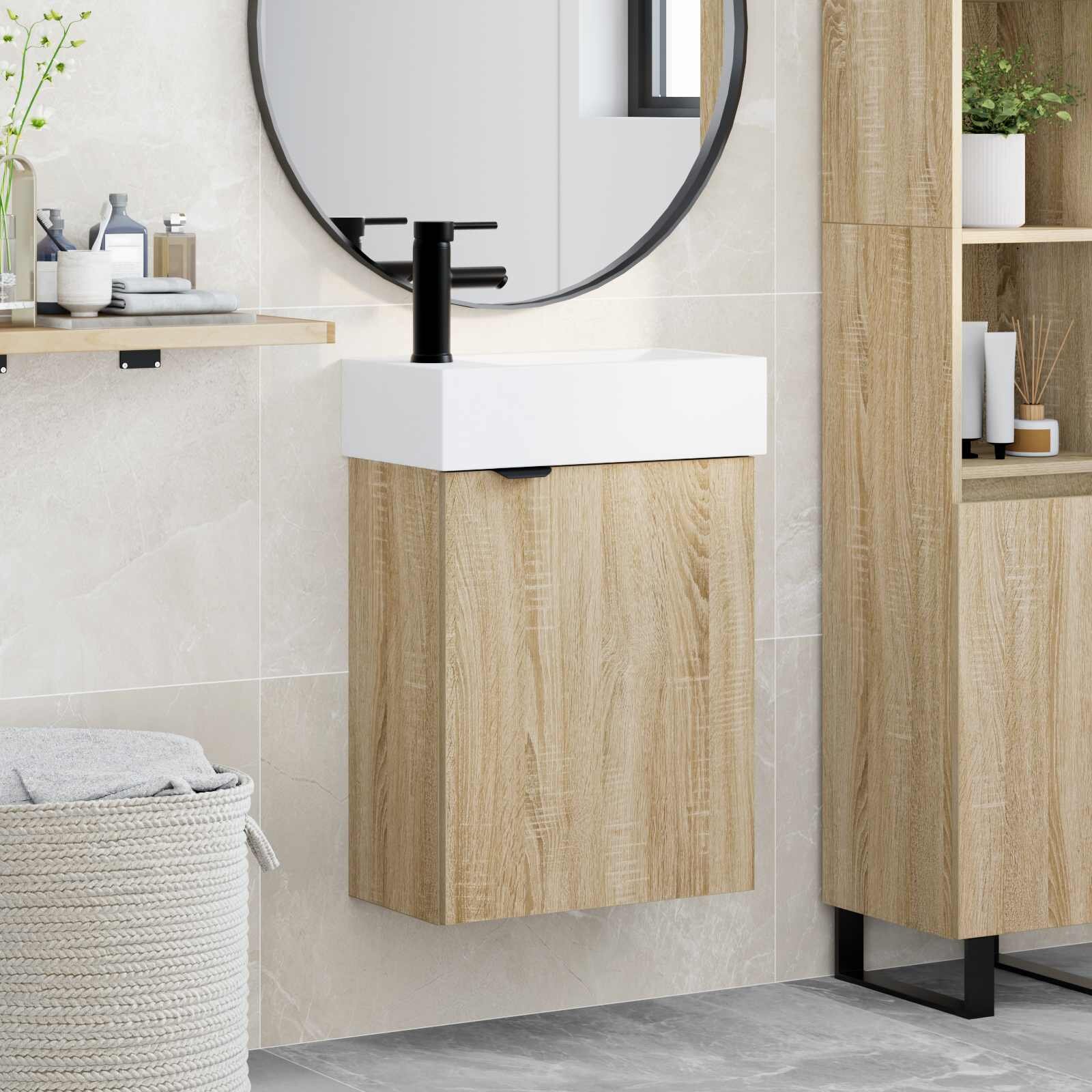 vidaXL Мивка за баня със смесител Дъб сонома 455 x 225 x 84 см