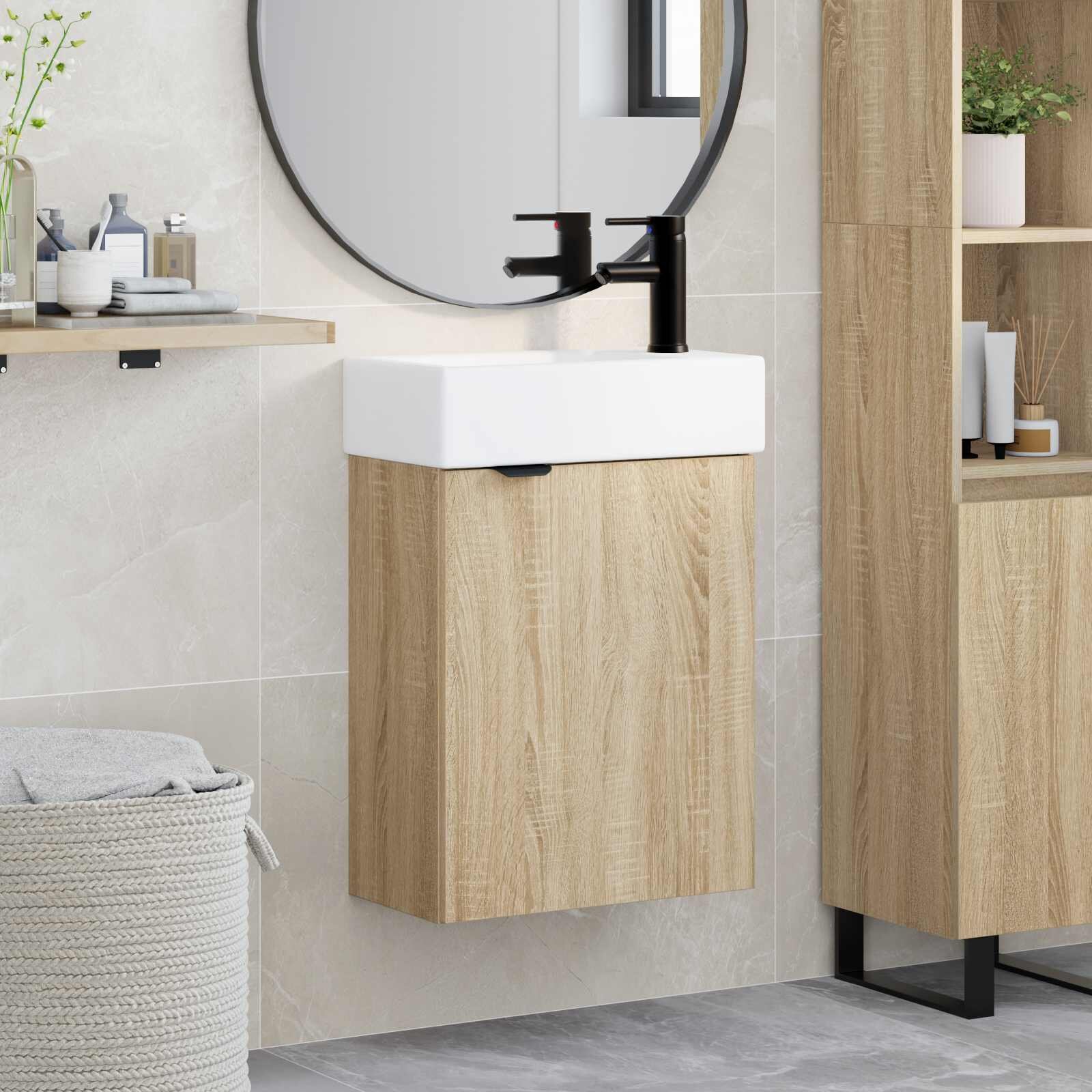 vidaXL Мивка за баня със смесител Дъб сонома 455 x 225 x 84 см