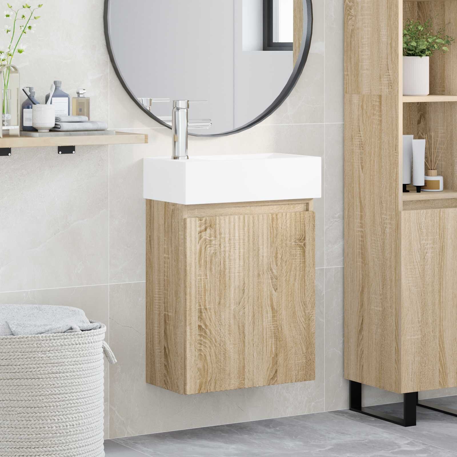 vidaXL Мивка за баня със смесител Дъб сонома 455 x 225 x 84 см