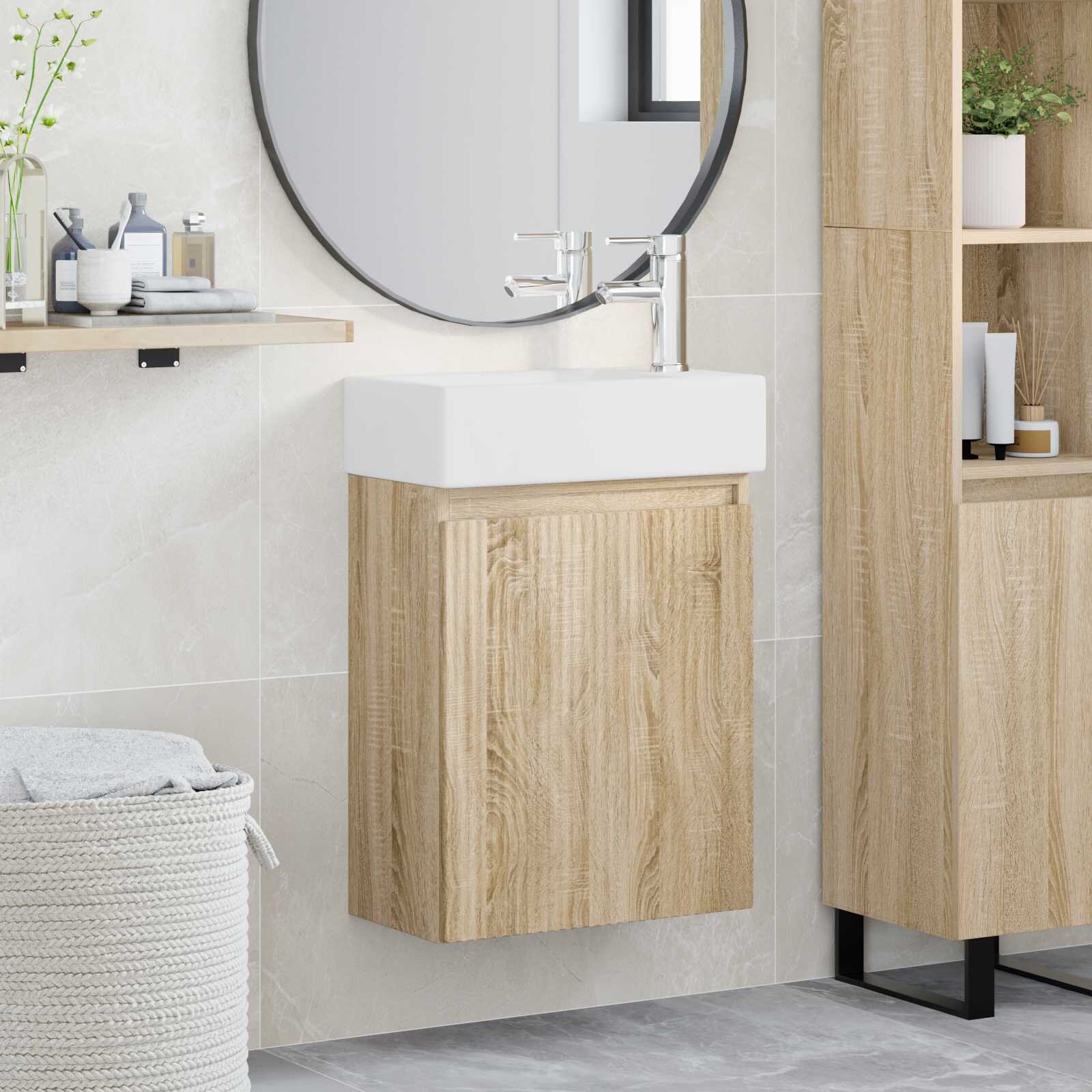 vidaXL Мивка за баня със смесител Дъб сонома 455 x 225 x 84 см