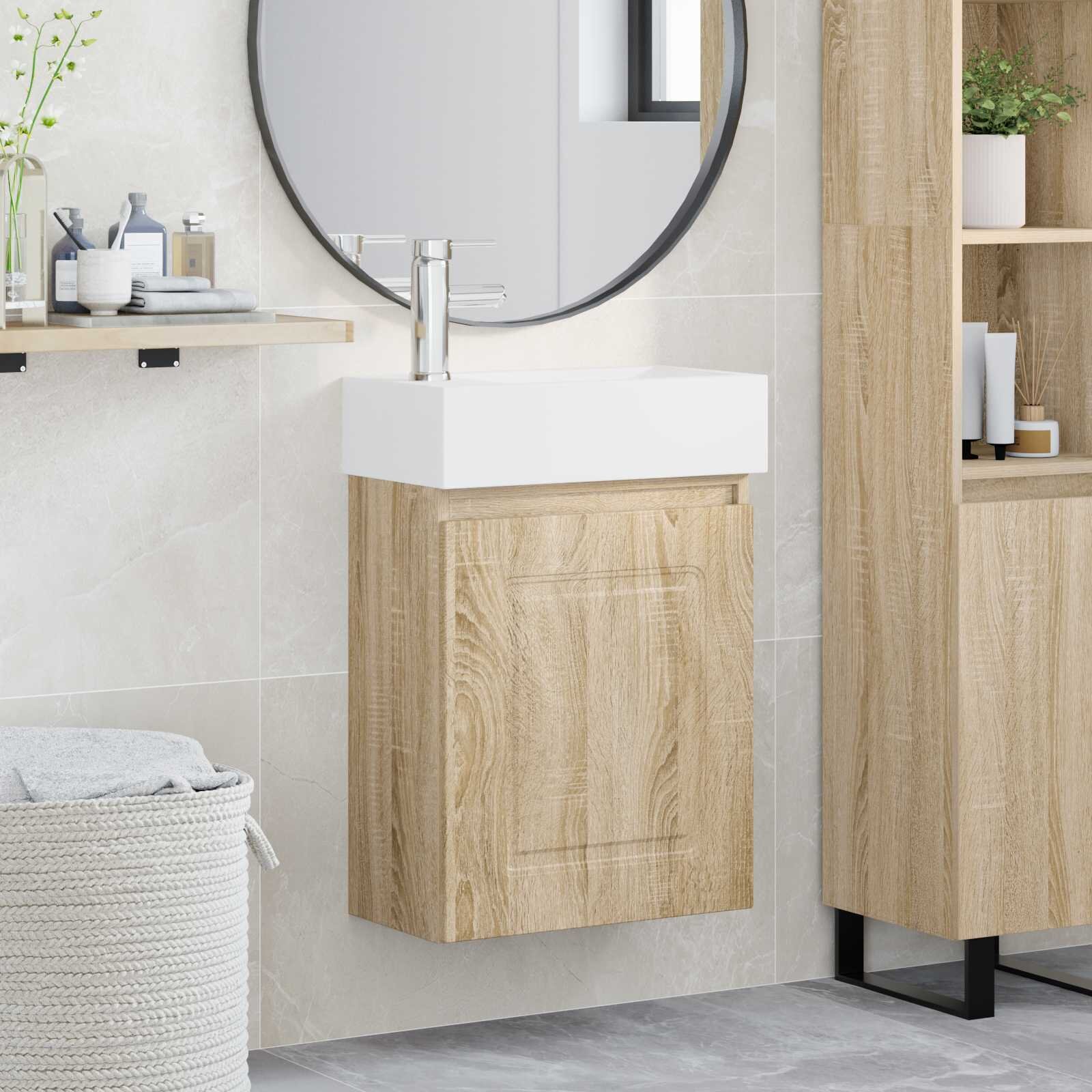 vidaXL Мивка за баня със смесител Дъб сонома 455 x 225 x 84 см
