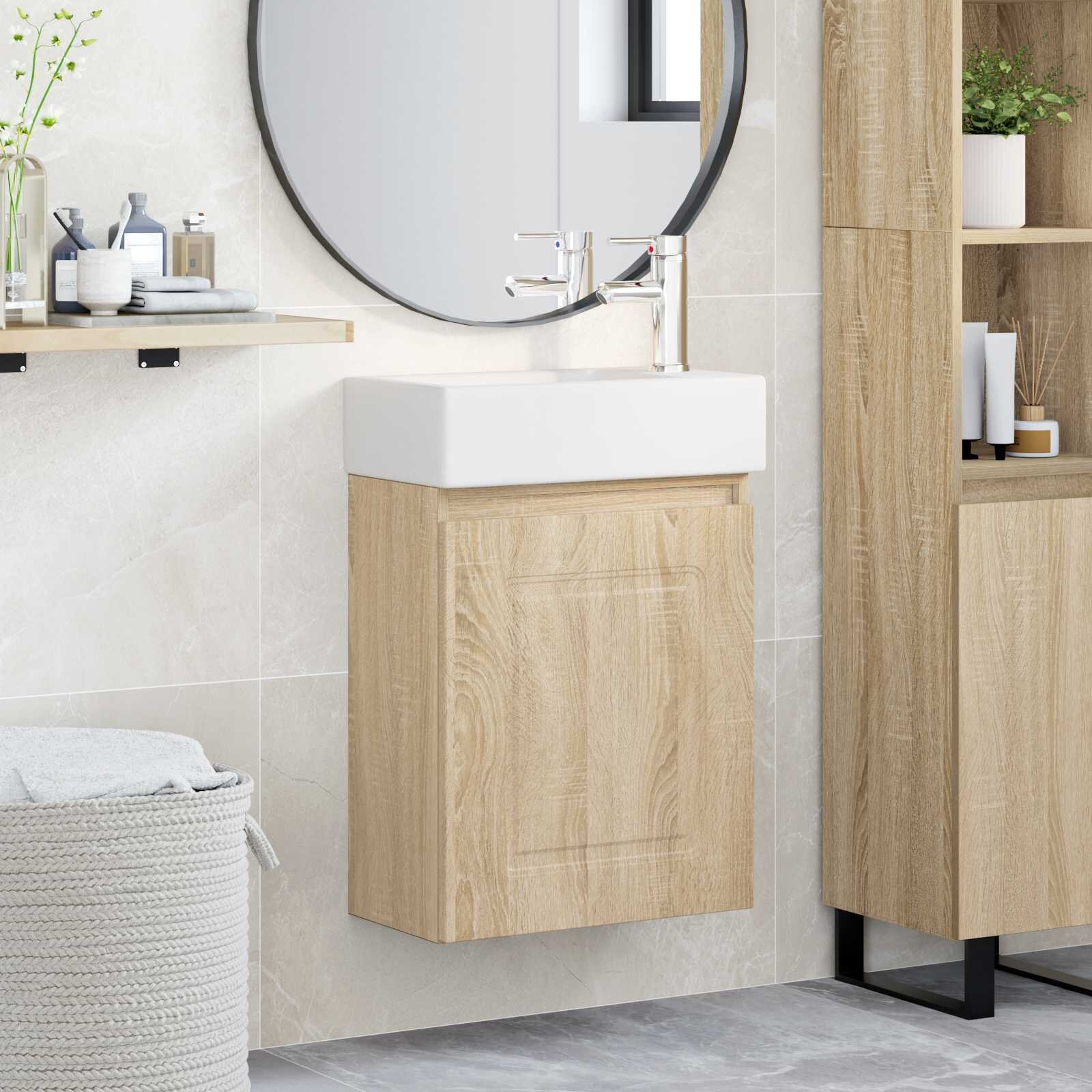 vidaXL Мивка за баня със смесител Дъб сонома 455 x 225 x 84 см