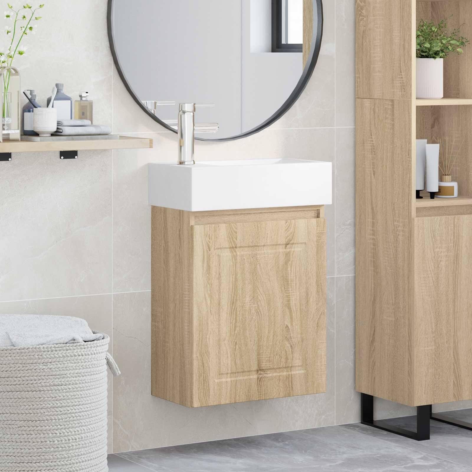 vidaXL Мивка за баня със смесител Дъб сонома 455 x 225 x 84 см