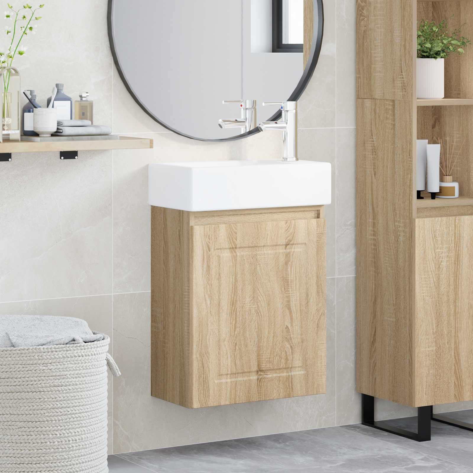 vidaXL Мивка за баня със смесител Дъб сонома 455 x 225 x 84 см