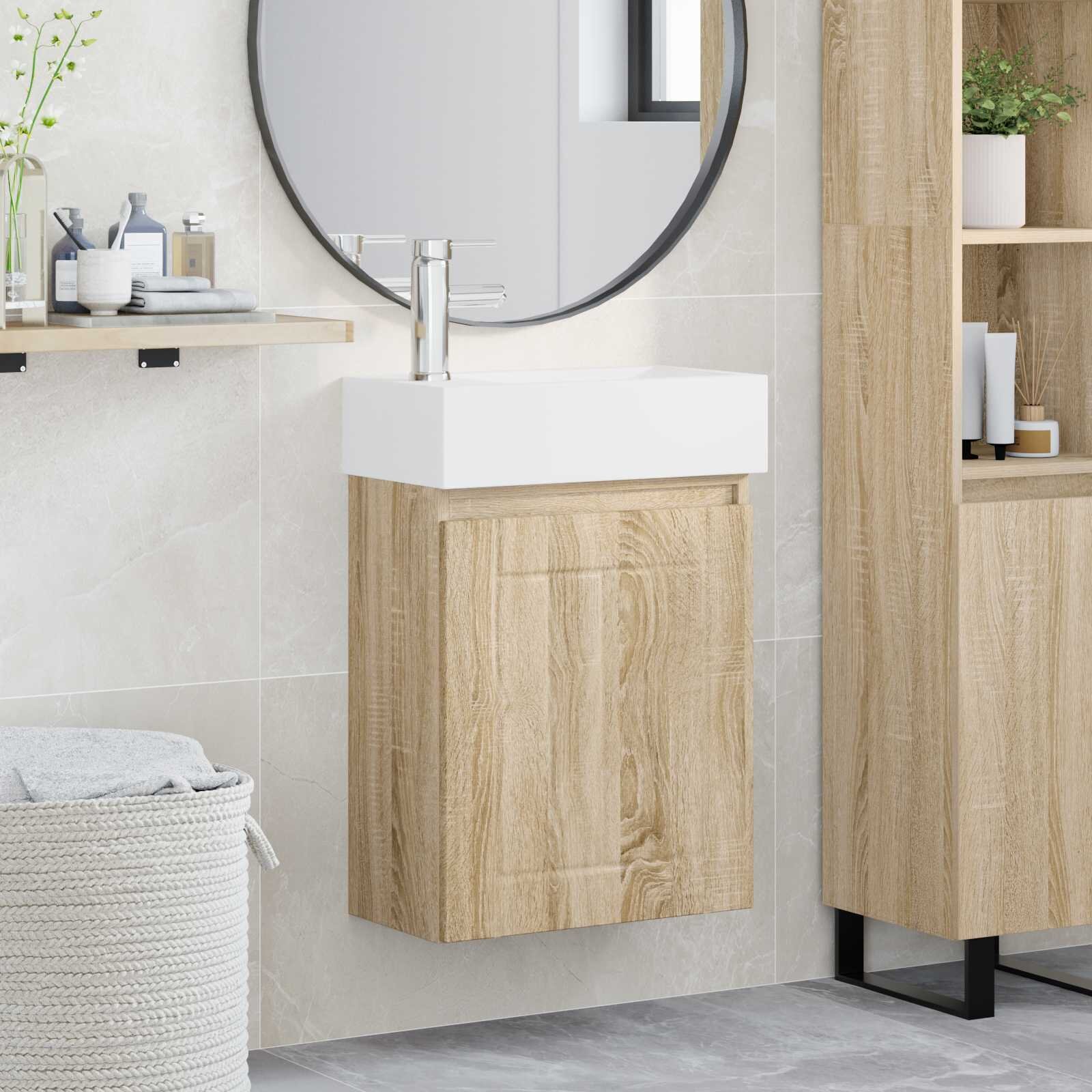 vidaXL Мивка за баня със смесител Дъб сонома 455 x 255 x 84 см