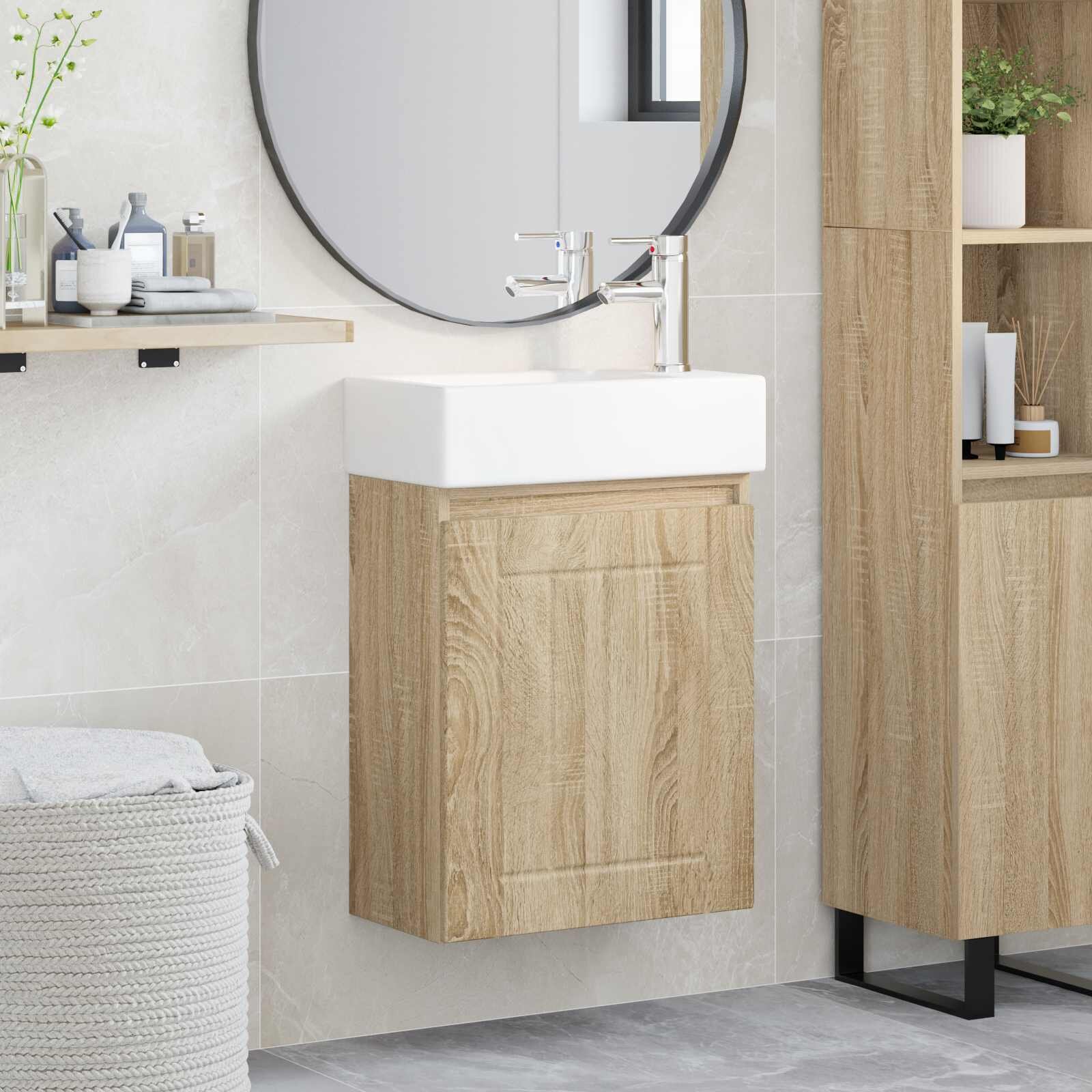 vidaXL Мивка за баня със смесител Дъб сонома 455 x 255 x 84 см