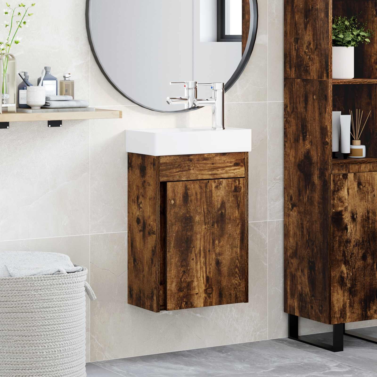 vidaXL Мивка за баня със смесител Опушен дъб 405 x 225 x 62 см