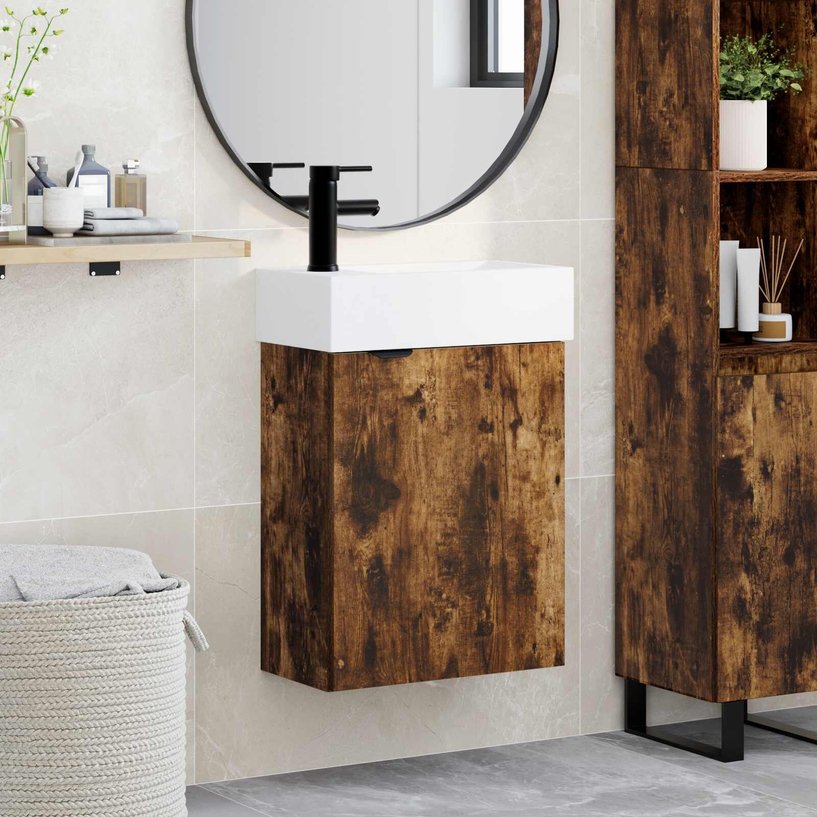 vidaXL Мивка за баня със смесител Опушен дъб 455 x 225 x 84 см