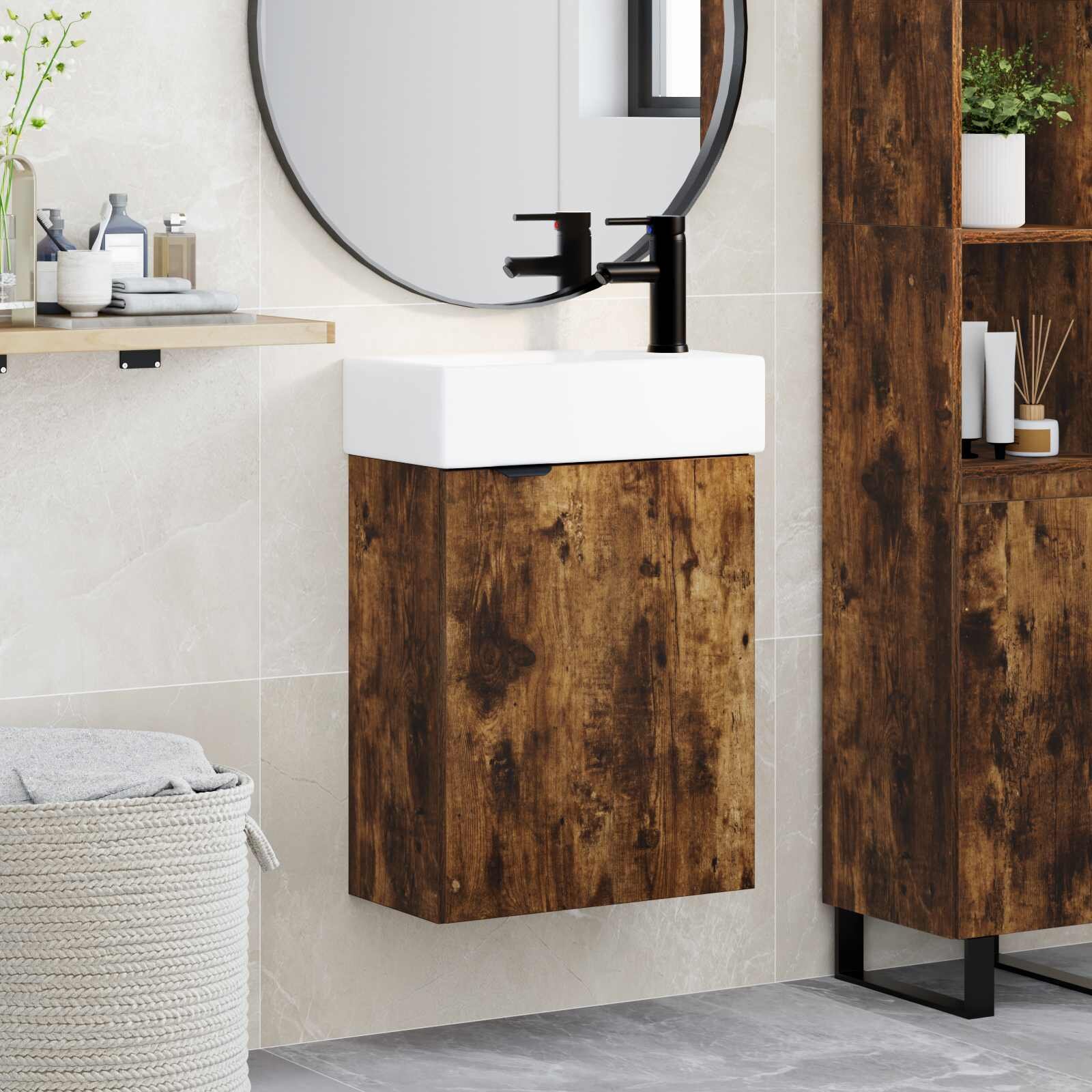 vidaXL Мивка за баня със смесител Опушен дъб 455 x 225 x 84 см